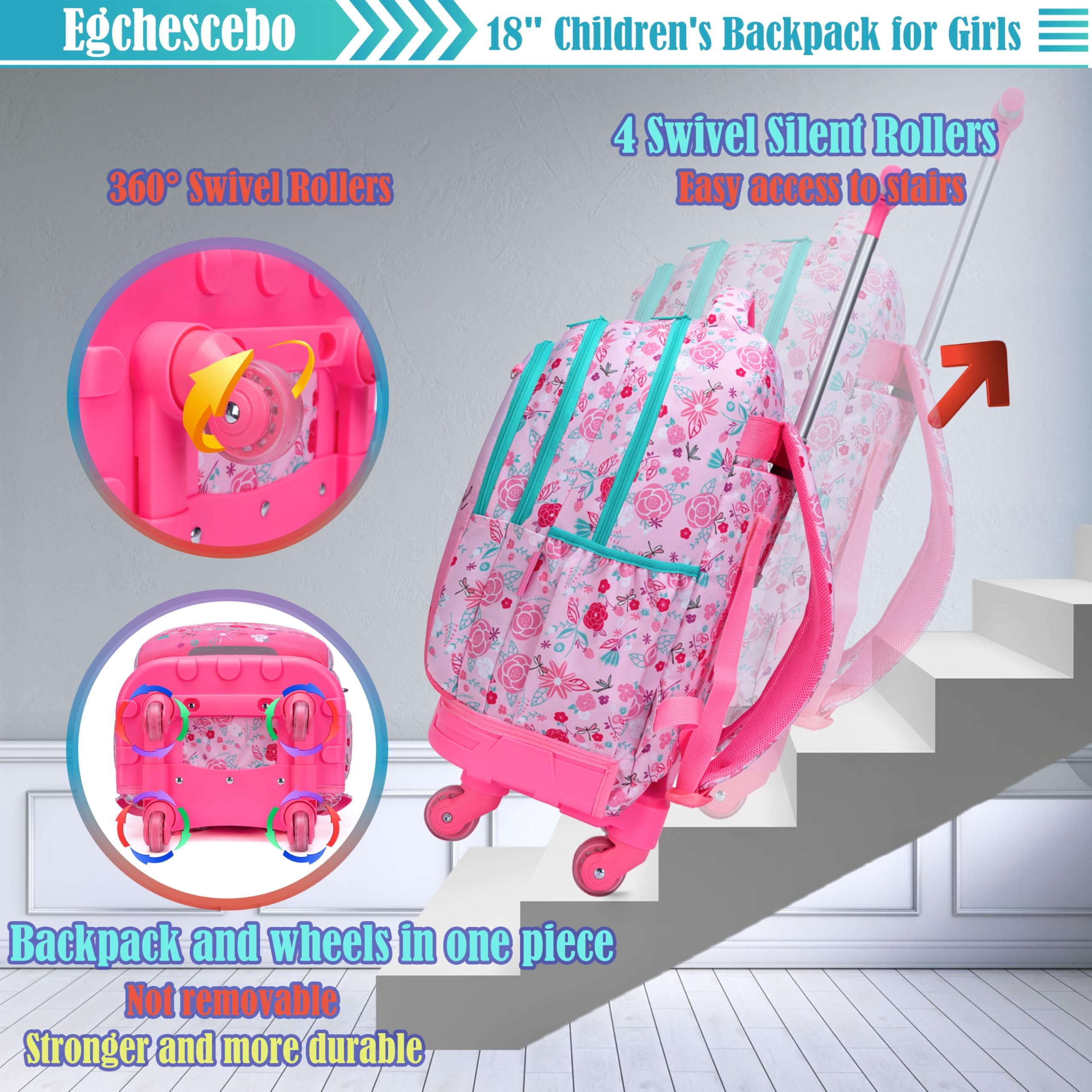 Set di 3 zaini con rotelle 45,7 cm per ragazze e ragazzi con borsa per il pranzo e astuccio, borse scolastiche, 18, Zaini da viaggio