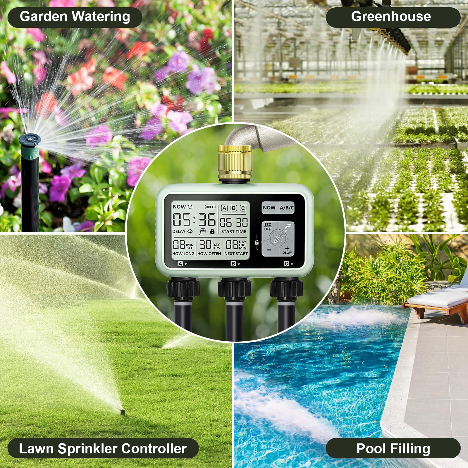 Johgee Computer di irrigazione 3 uscite indipendenti con ingresso in ottone, orologio digitale per irrigazione con ritardo della pioggia, controllo automatico/manuale di irrigazione, timer per