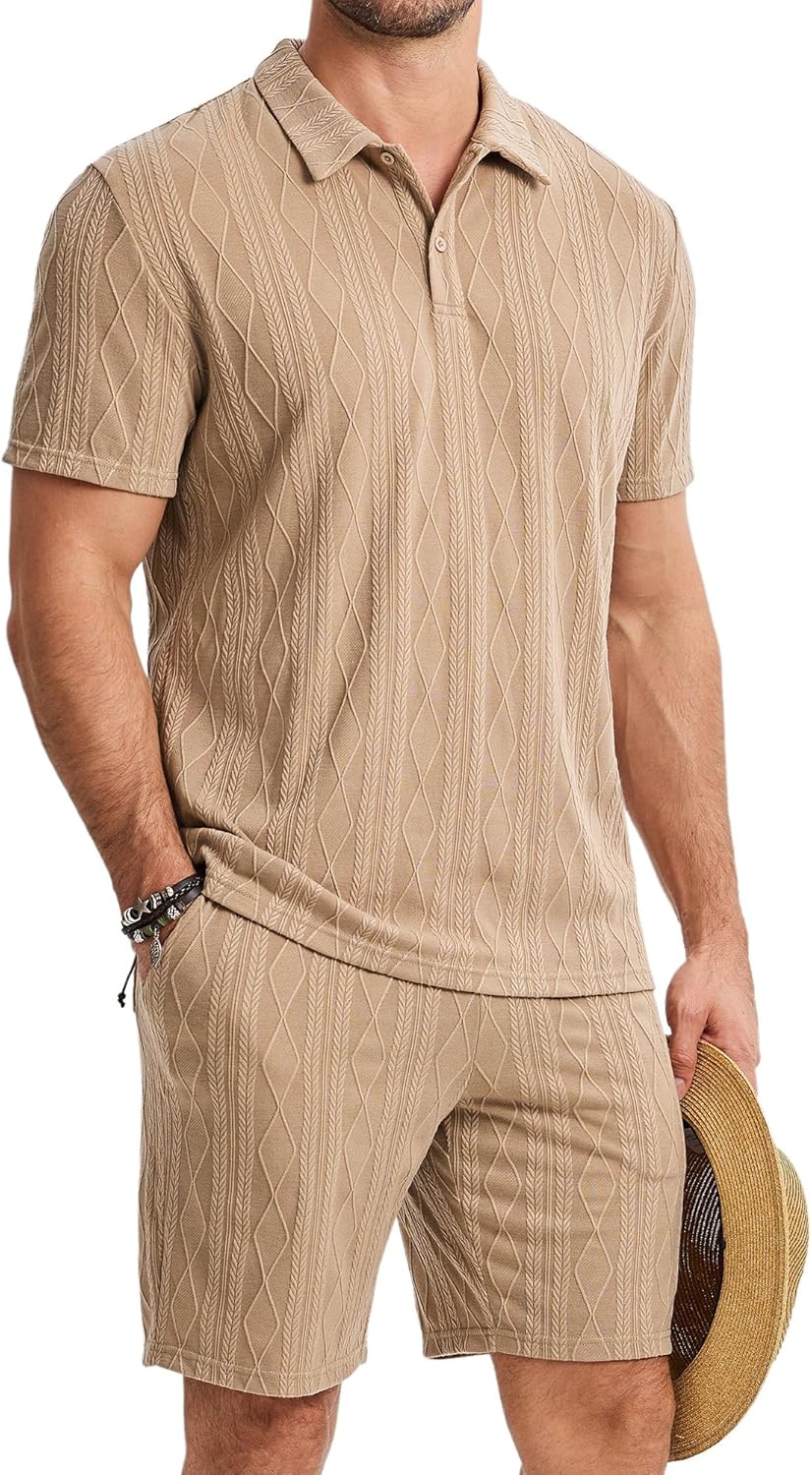 JMIERR Mens 2026 Casual 2 Piece Outfits Lounge Sets Jacquard Knit Short Sets Golf Short Sleeve Outfits for Beach Vacation