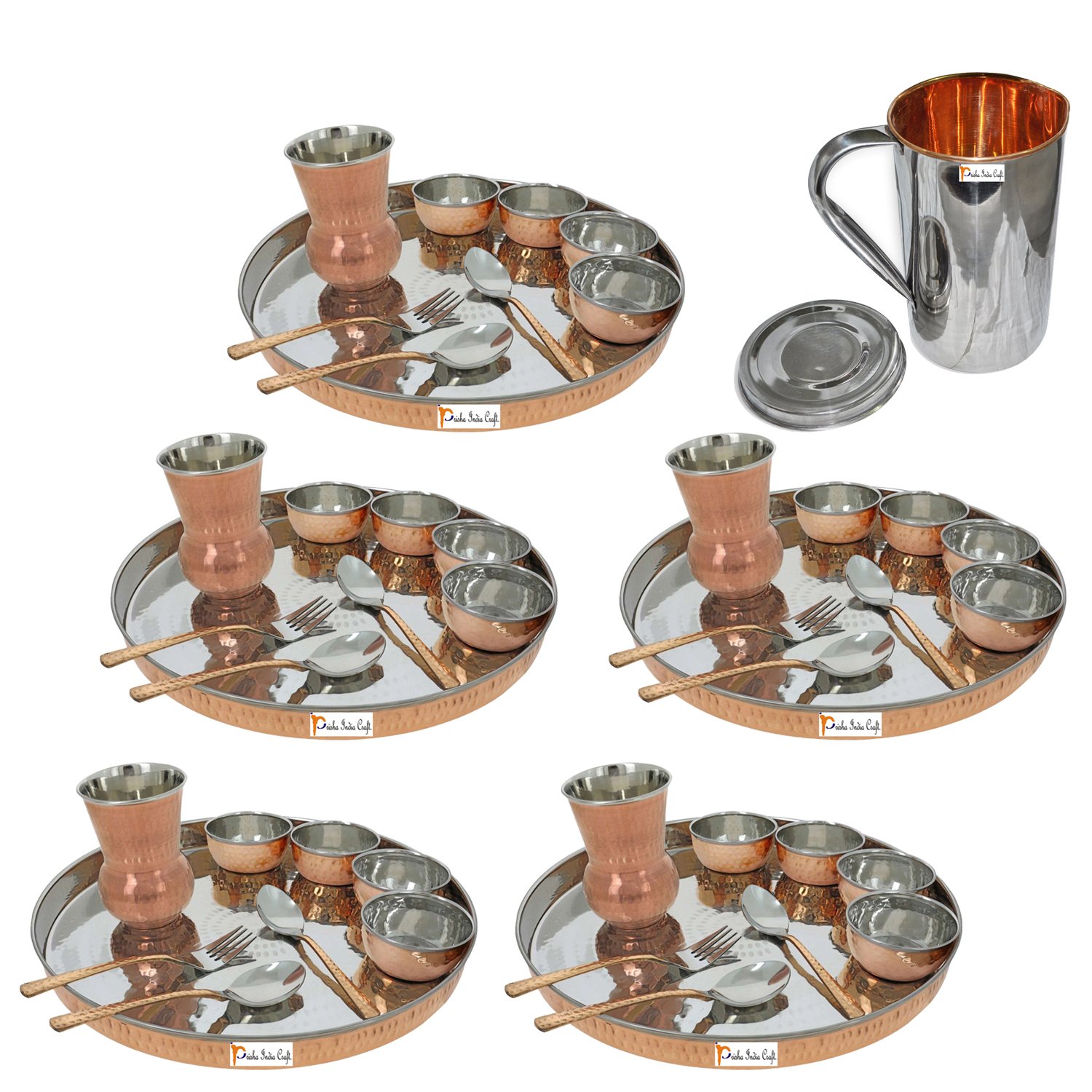 Prisha India Craft Copper Stainless Steel Large Dinner Plate Thali Set Dinnerware - Copper Dinner Set Online India - 5 Thali Set, 1 Jug