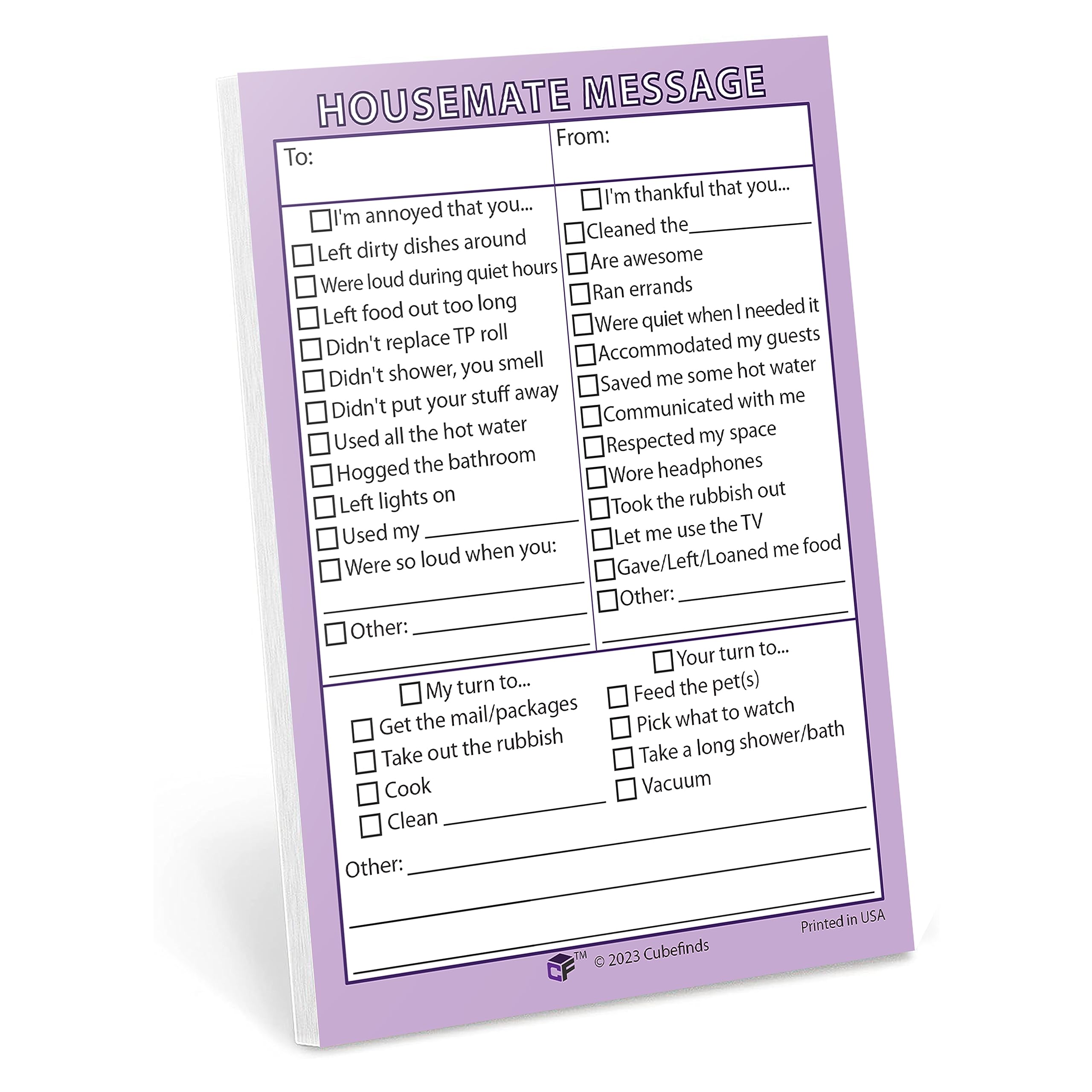 Cubefinds Housemate Message, Roommate Note, Family Message - Self-Adhesive Sticky Notes, Have a Blast Highlighting Both The Annoying and Hilarious Quirks of Your Housemates, 4 x 6-inches, 50 Sheets