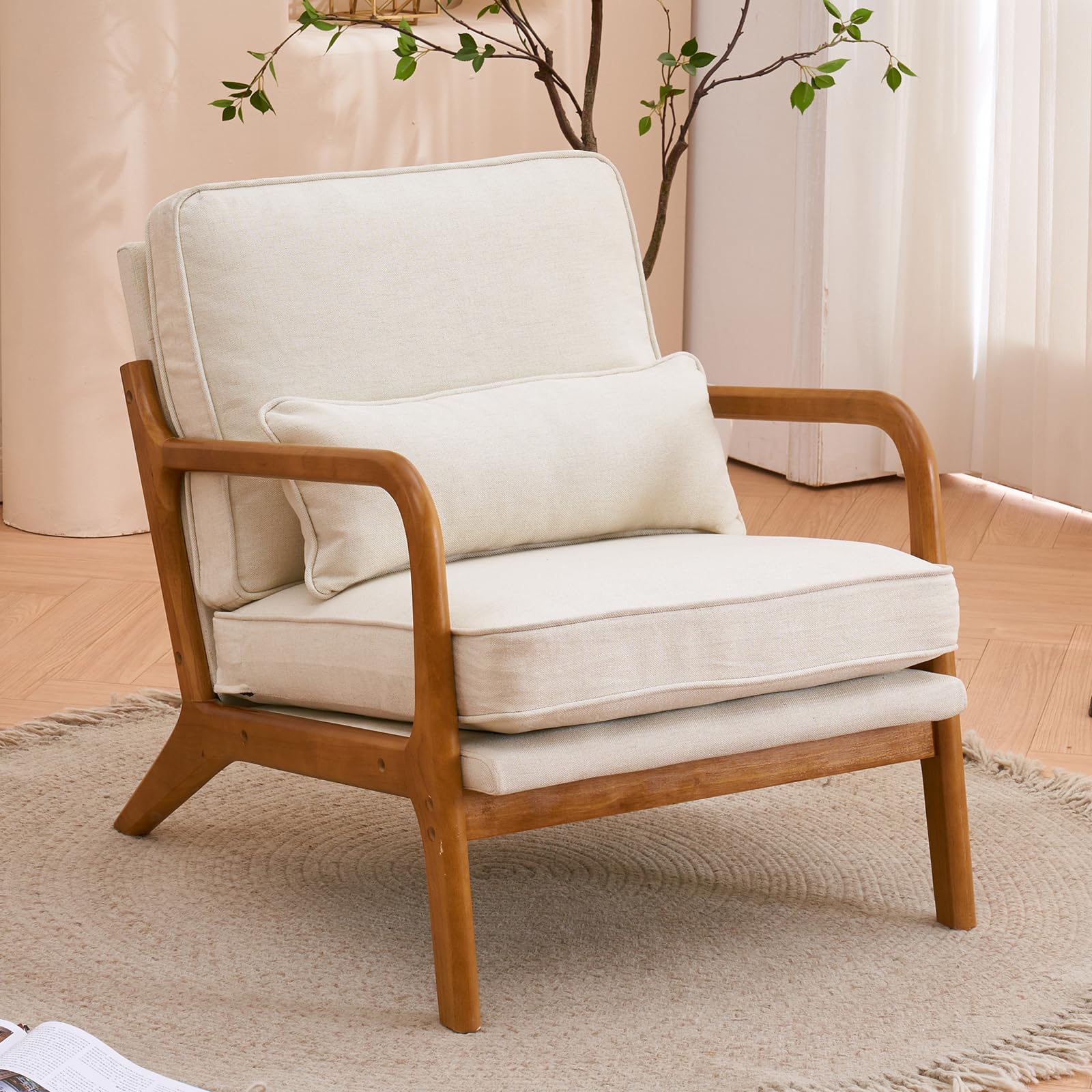 Bonnlo Accent Chair, Soild Wood Padding Lounge Armchairs, Occasional Reading Chair with Cushions and Lumbar Pillow, Armchairs for Living Room, Bedroom, Guest Room, Fabric, Beige