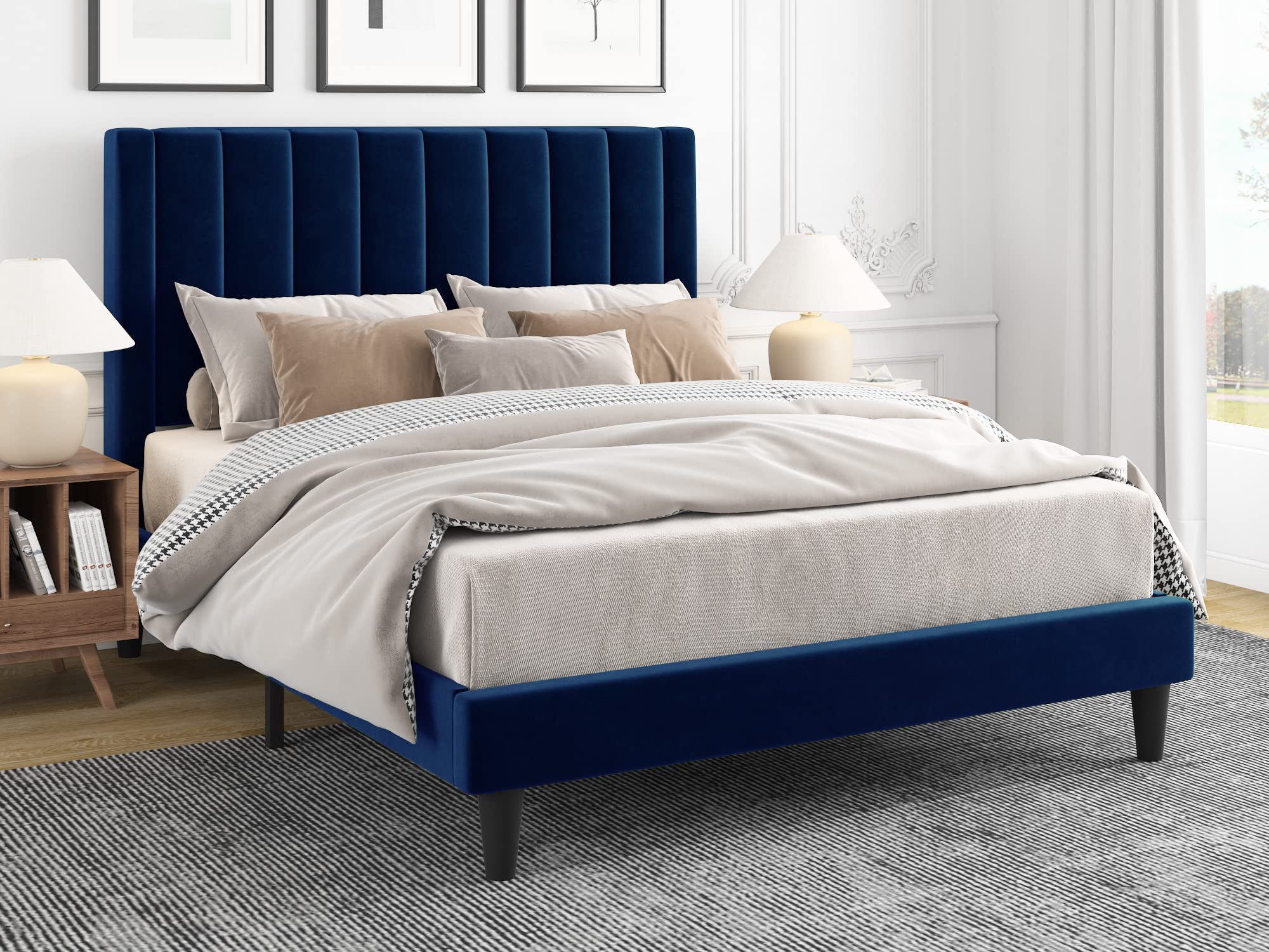 IMUsee Queen Size Velvet Upholstered Tufted Platform Bed Frame with headboard, Strong Wooden Slats, Box Spring Optional, Mattress Foundation, Easy Assembly, Navy Blue
