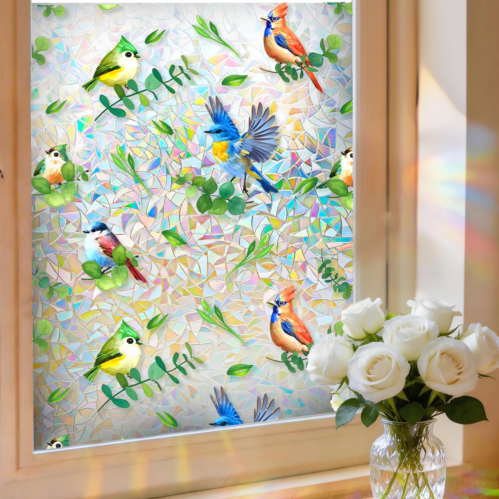 Photo 1 of Borskyn Stained Glass Window Film - Bird & Leaf Design, 23.6" x 78.7"