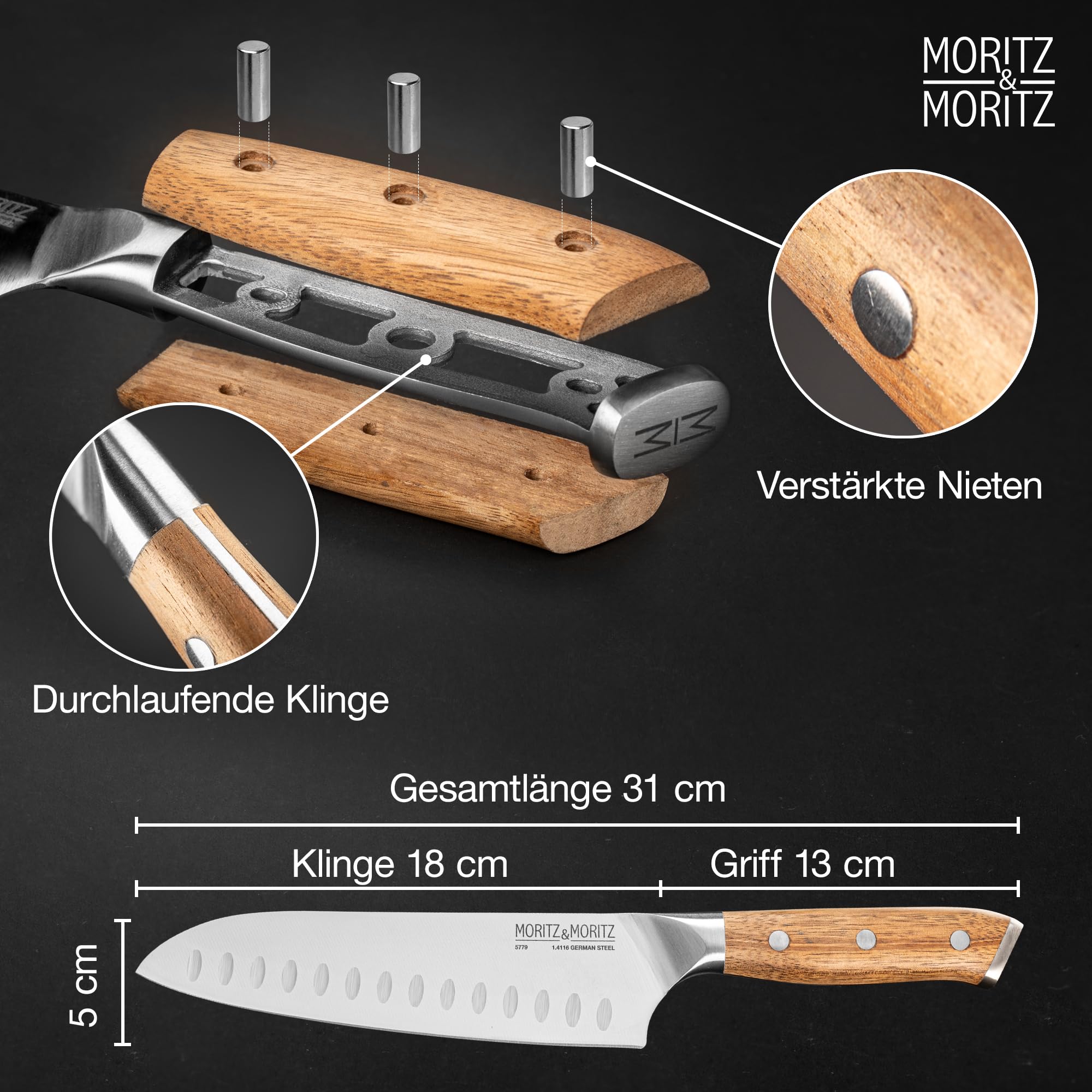 Moritz & Moritz Santoku Messer 18 cm - Profi Kochmesser im japanischem Stil mit extra scharfer Klinge - Küchenmesser für Fleisch – Bild 3
