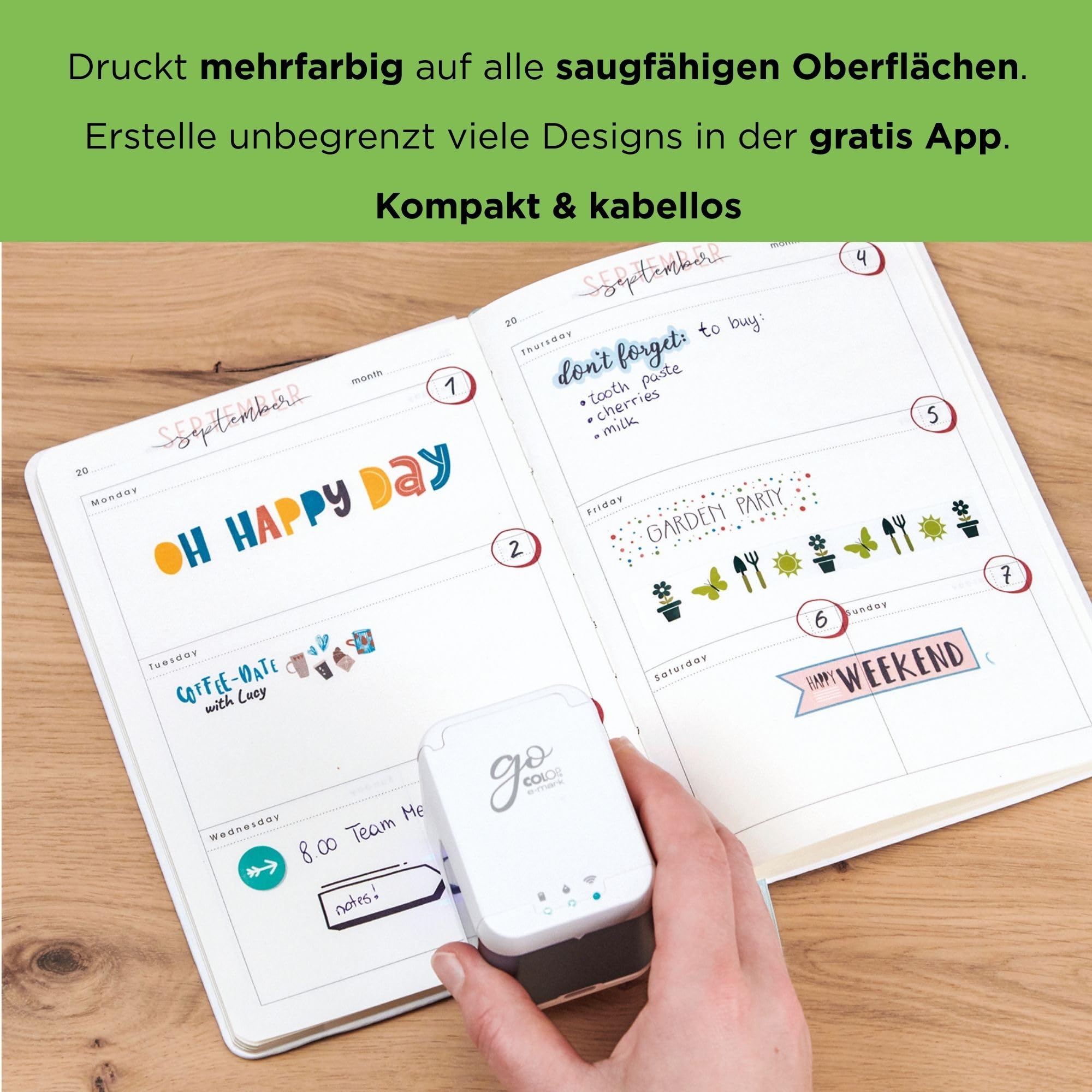 Colop e-Mark go Set. Bestehend aus dem mobilen Drucker e-Mark GO, Lineal, Führungsschiene für Bänderbedruckung, Band 15 mm, sowie PVC-Schilder zur Schilderbedruckung und Broschüre. weiß