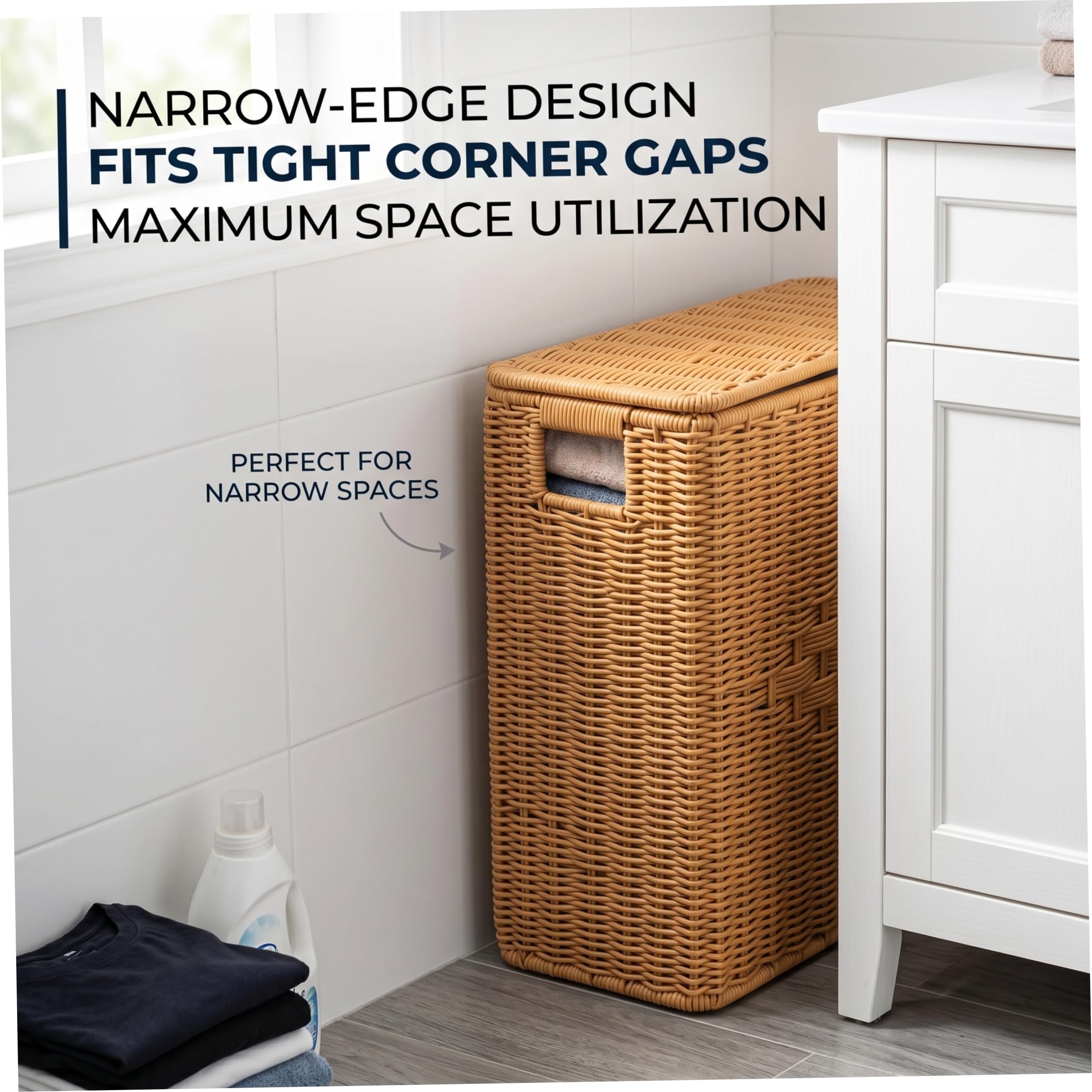 Contenedor de almacenamiento alto y estrecho, cesta estrecha, cesta tejida a mano con tapa, organizador de esquina que ahorra espacio para sala de estar, baño, dormitorio, 15 × 6 × 10 pulgadas