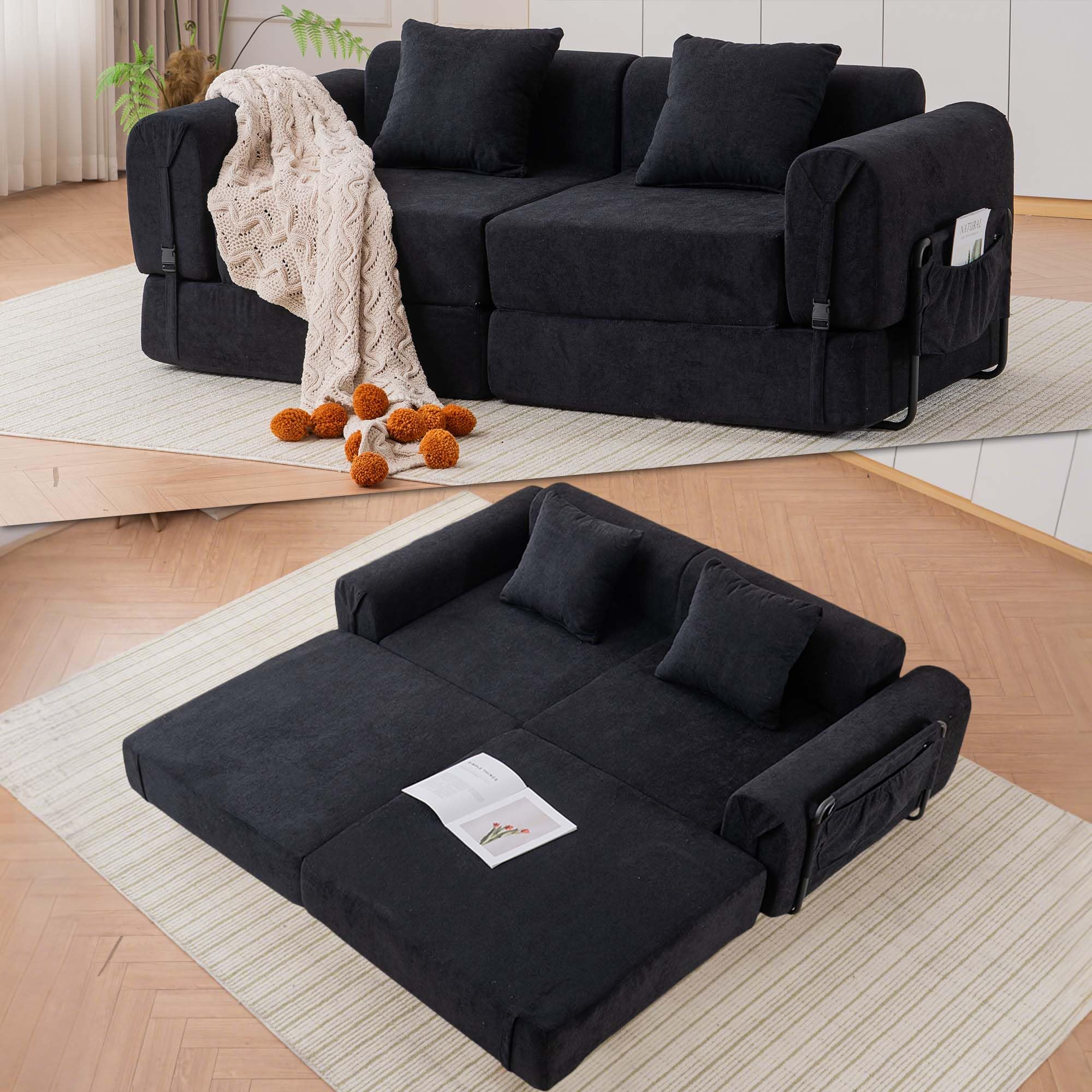 Suheww Foldable Sofa Bed, 71.25" Boneless Convertible Couch Bed, Folding Compression Sleeper Sofa Sectional Loveseat Sofa Floor Futon Mattress for Living Room Bedroom Apartment, Black