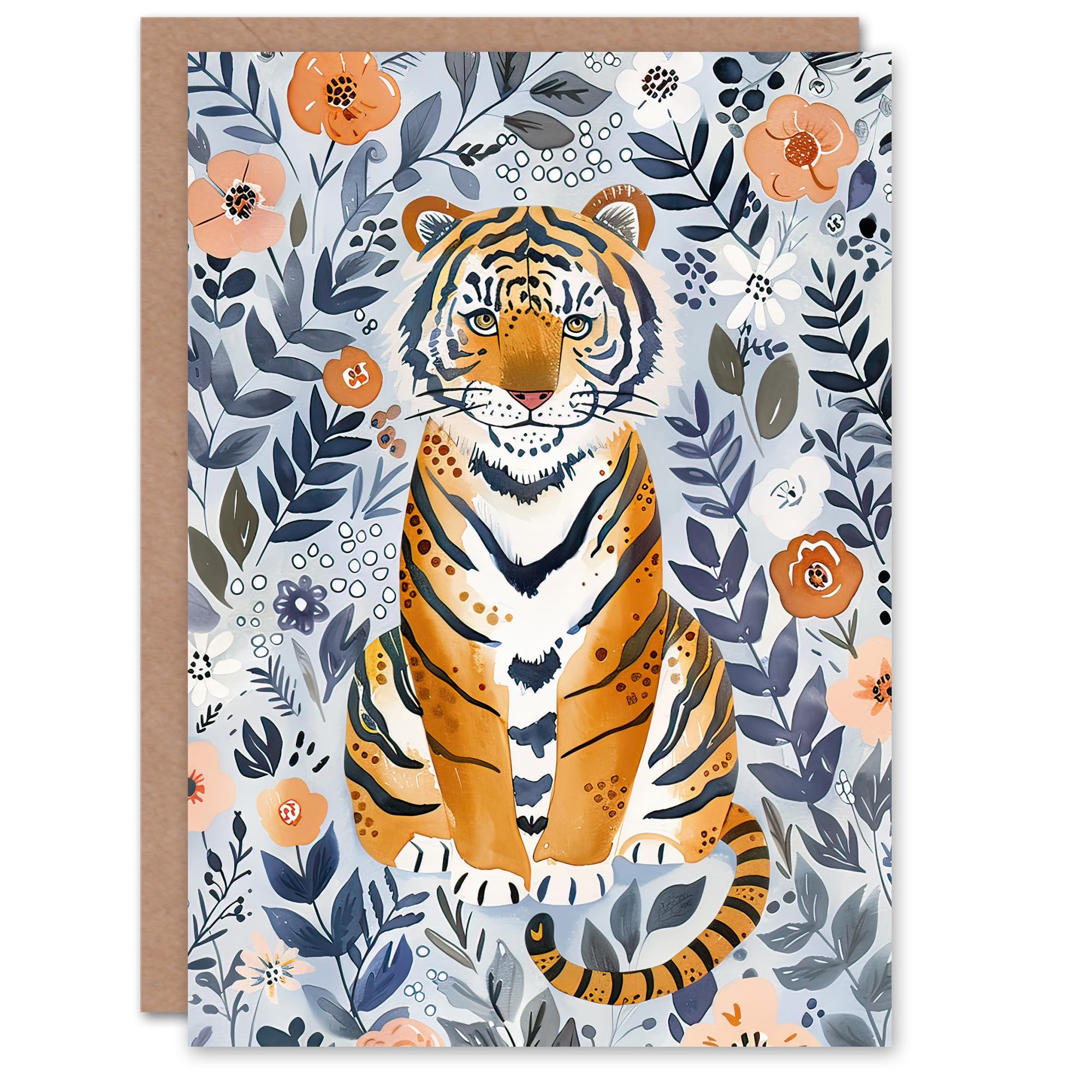 Artery8 Greeting Card Baby Tiger Floral Blue Birthday Card