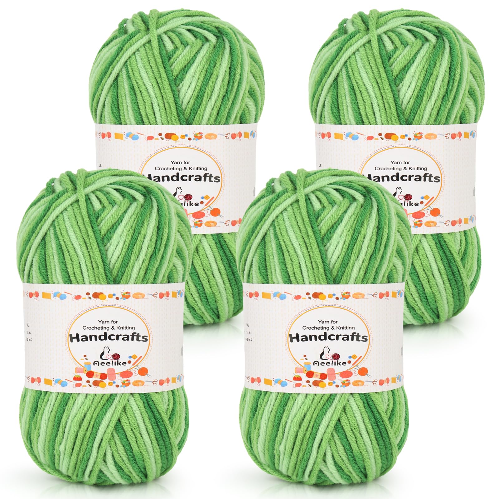 Aeelike 200g(4x50g) Wolle Farbverlauf Baumwollgarn zum Häkeln, Strickgarn Acryl Häkelwolle Bunt Zum Stricken, Häkeln und Kunsthandwerk, 5Ply Acrylwolle Set Baumwolle für Anfänger, Profis, Apfelgrün