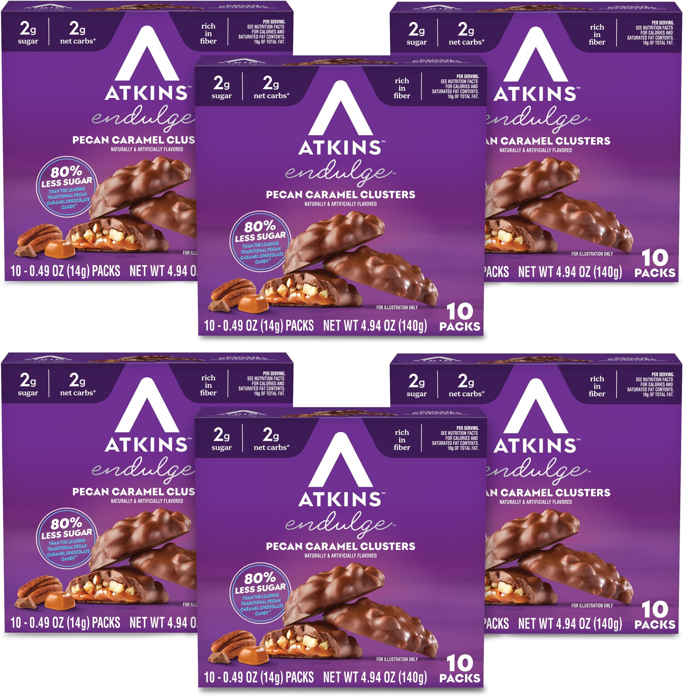 Endulge Pecan Caramel Clusters, 60 Count | 2g Sugar, 2g Net Carbs, 8g Fiber, Individually Wrapped .49oz Pieces, 6 Boxes of 10 Count Packs