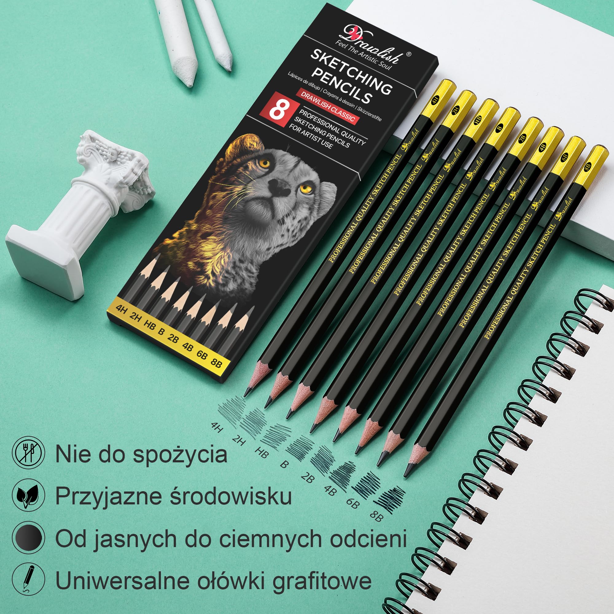 Zestaw 8 kredek do szkicowania, B, 2B, 4B, 6B, 8B, HB, 2H, 4H, ołówki do rysowania z grafitowym ołowiem i drewnem premium są idealne do szkicowania, cieniowania i bazgrołów, dla początkujących i