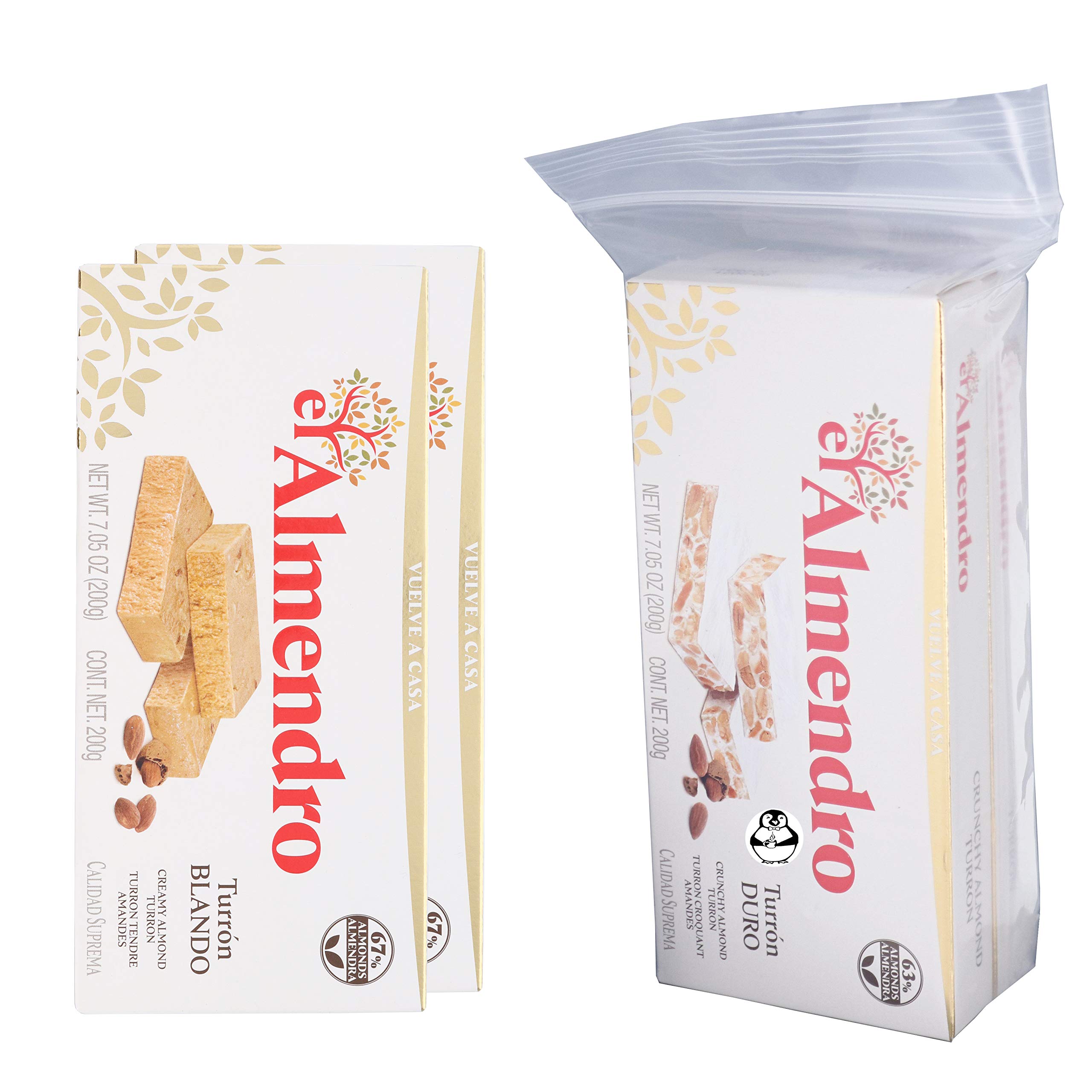 El Almendro – Lot de 4 paquets de 4 amandes croustillantes nougat et tourron doux – amande crémeuse turron turron Blando y Duro con Almendras Calidad Suprema avec pochette de rangement rapide premium
