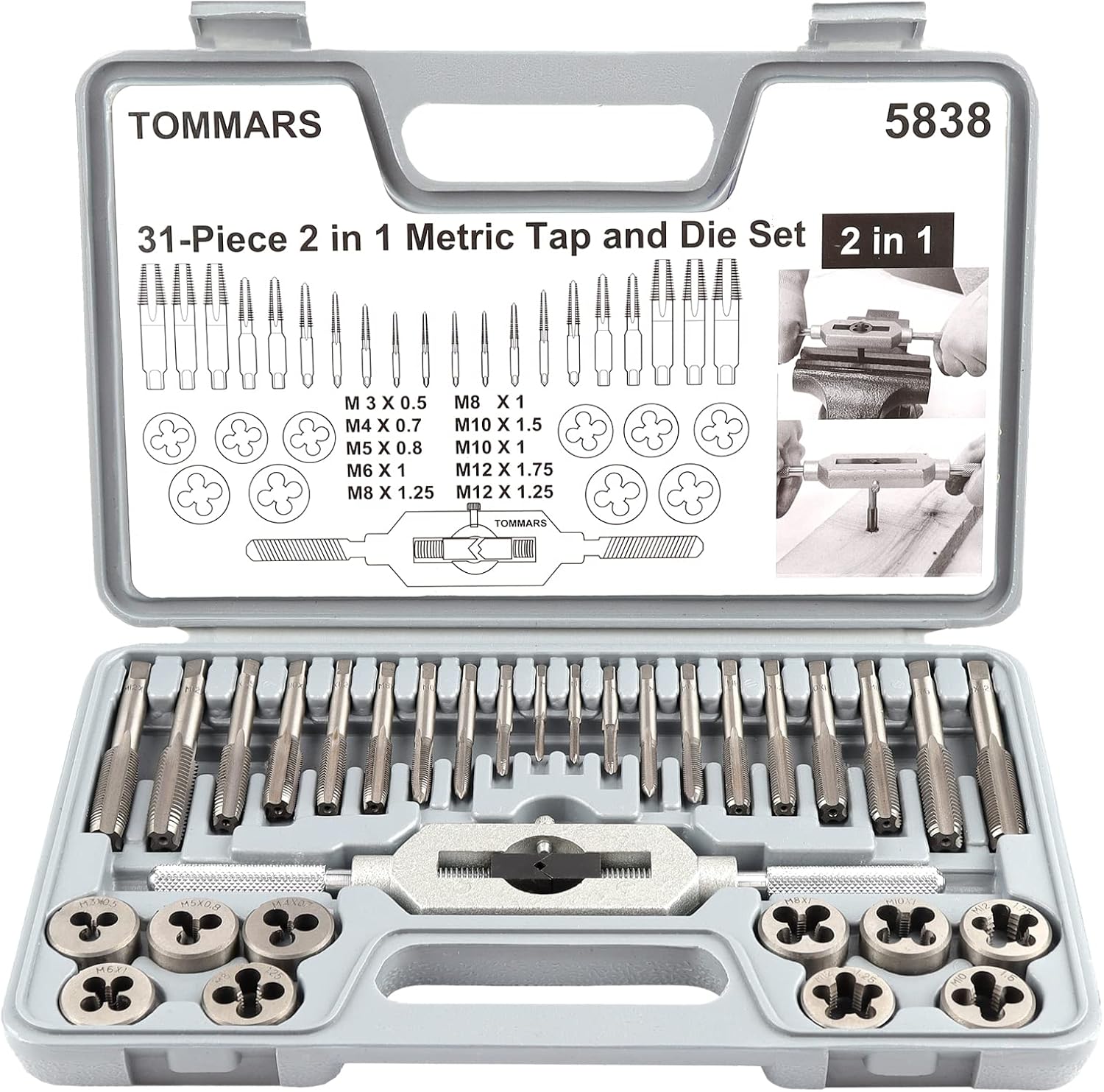 TOMMARS 31Pc 2 in 1 Metric Tap and Die Set M3, M4, M5, M6, M8, M10
