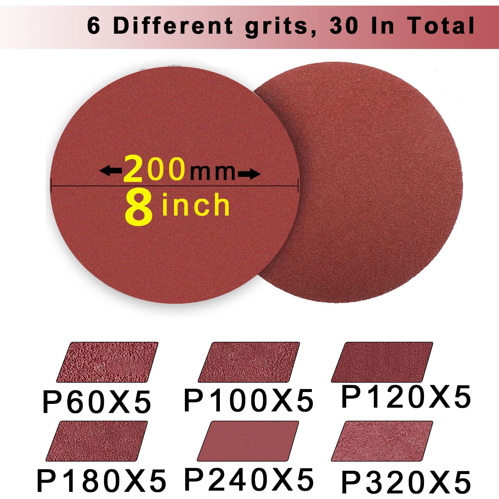 FEIHU Disques de Ponçage Papier Abrasifs Ø200 mm | Grain 5 x P60/100/120/180/240/320,rouge.Papier abrasif pour construction a sec.Compatible avec les ponceuses à disque Poncer/Polir（30PCS）