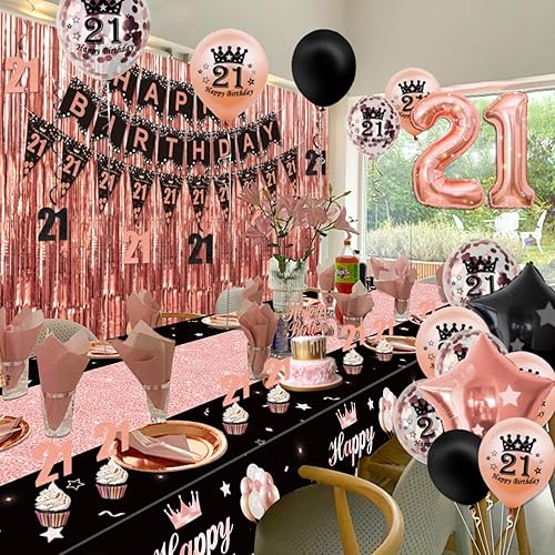 Miniatura 31 de Decoraciones de fiesta de oro rosa y negro – Cartel de feliz cumpleaños, globos, cortinas de flecos, mantel y decoración de pastel para niñas de 1