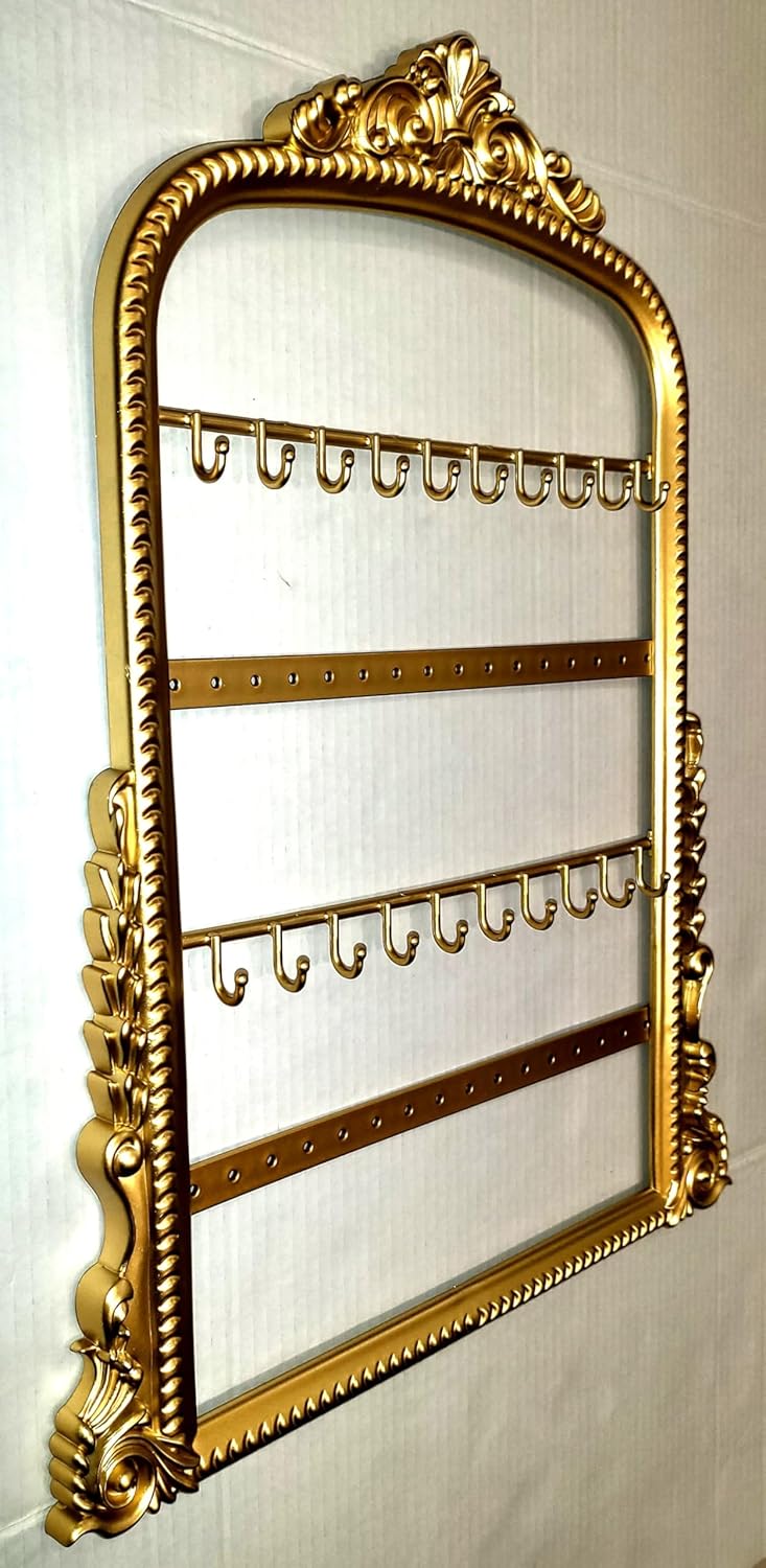 Vintage Gold Jewelry Organizer Wall Mount, Victorian Style Decorative Frame with Multiple Hooks and Bars, Ornate Necklace Earring Display Holder