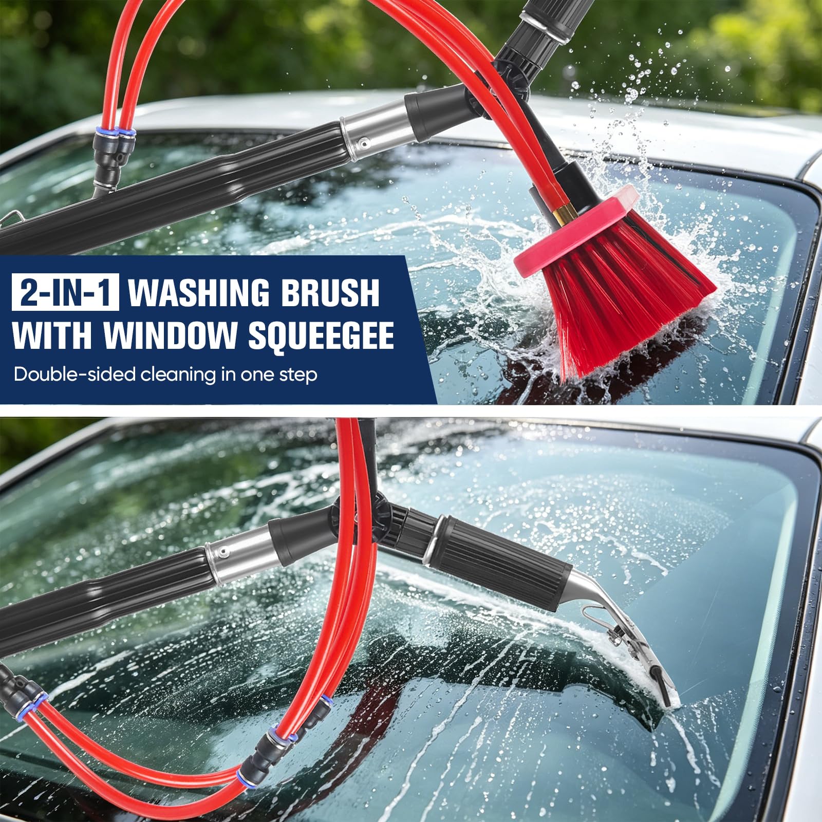 Teleskop Waschbürste mit Wasseranschluss 6m, Terrassendach-Reiniger, 180° verstellbare Photovoltaik Waschbürste, Komplettset mit Aufbewahrungstasche für PV Anlagen, Fenster, Wohnmobil & Dach