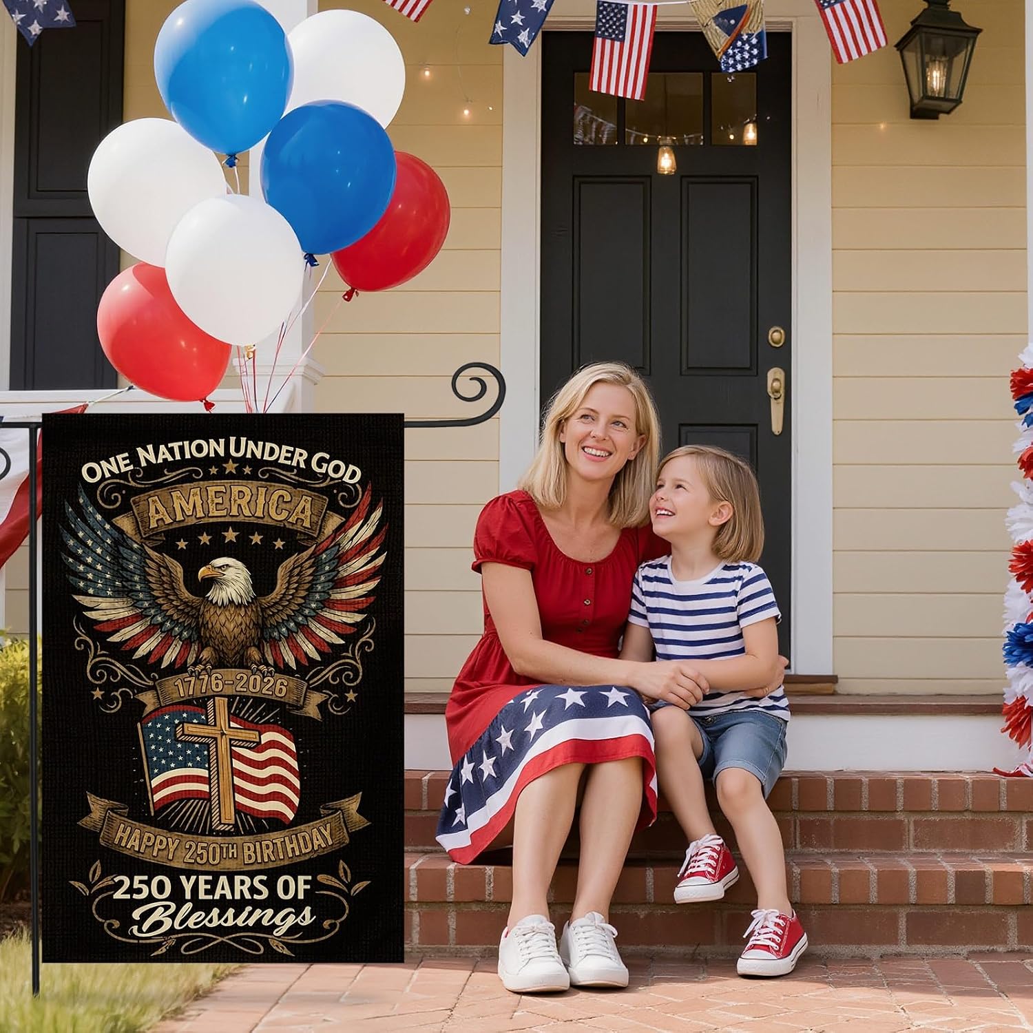 Happy 250th Birthday America Flag Independence Day Garden Flag Double Sided with Eagle and Cross Decor 4th of July Yard Signs 1776-2026 Commemorative Patriotic Banner for Outdoor Outside Decorations