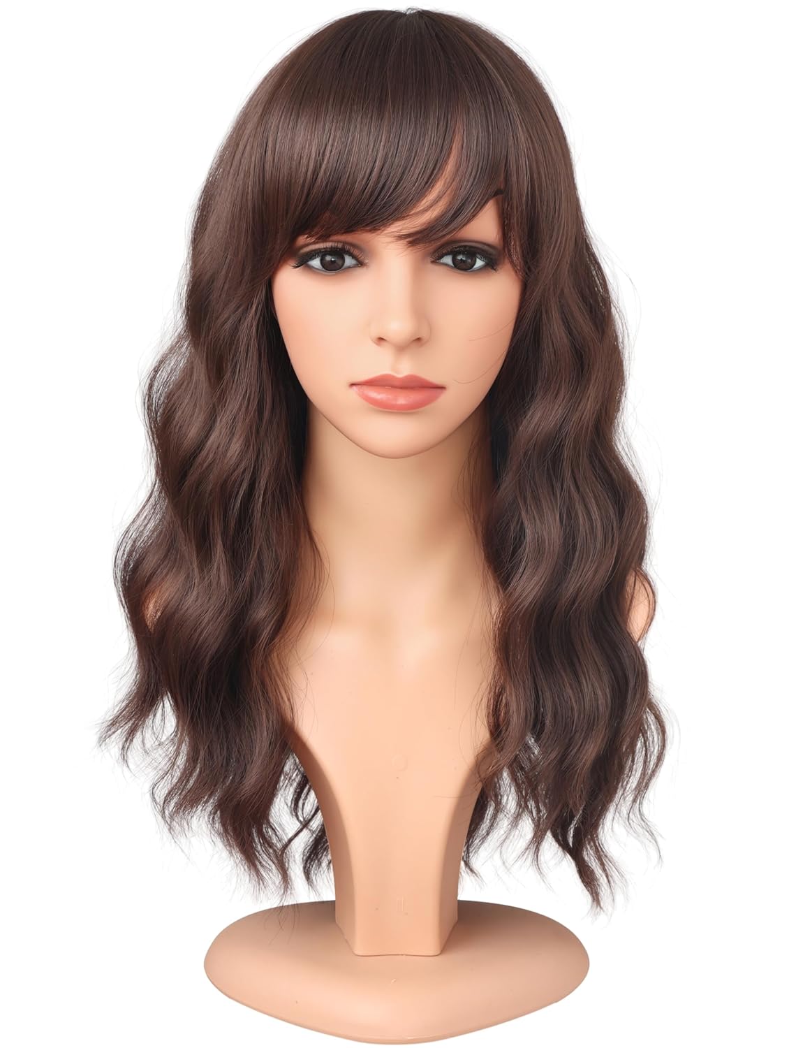 Medium Length Dark Brown Wavy Wigs With Bangs For Women - Heat Resistant Synthetic Brown Wigs For Daily Use (DARK BROWN(2#))