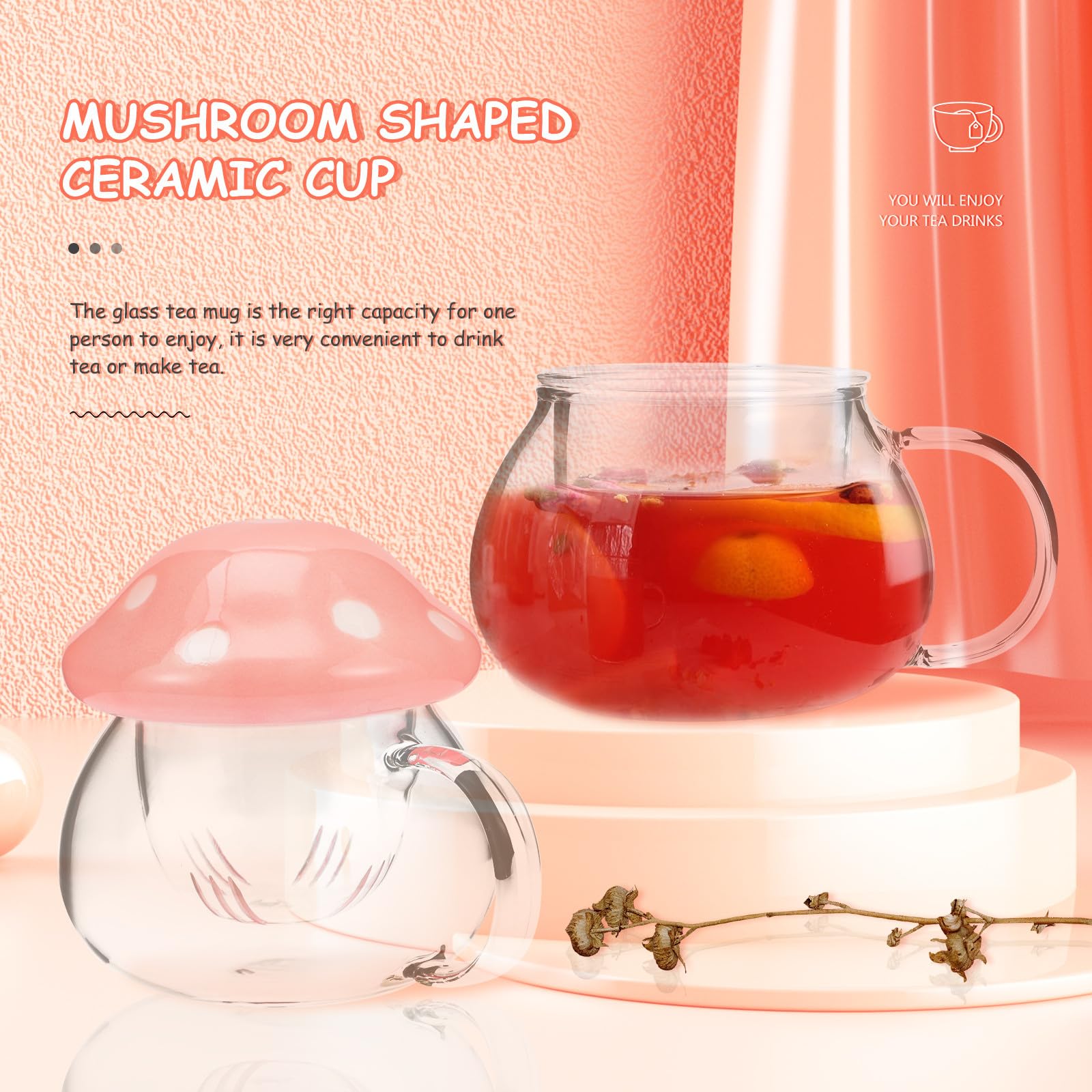 COLLBATH Teetassen Satz Niedliches Design 300ml Fassungsvermögen Pilzförmiges aus Keramik und Glas mit Tee Infuser Hitzebeständig für Zuhause und Büro
