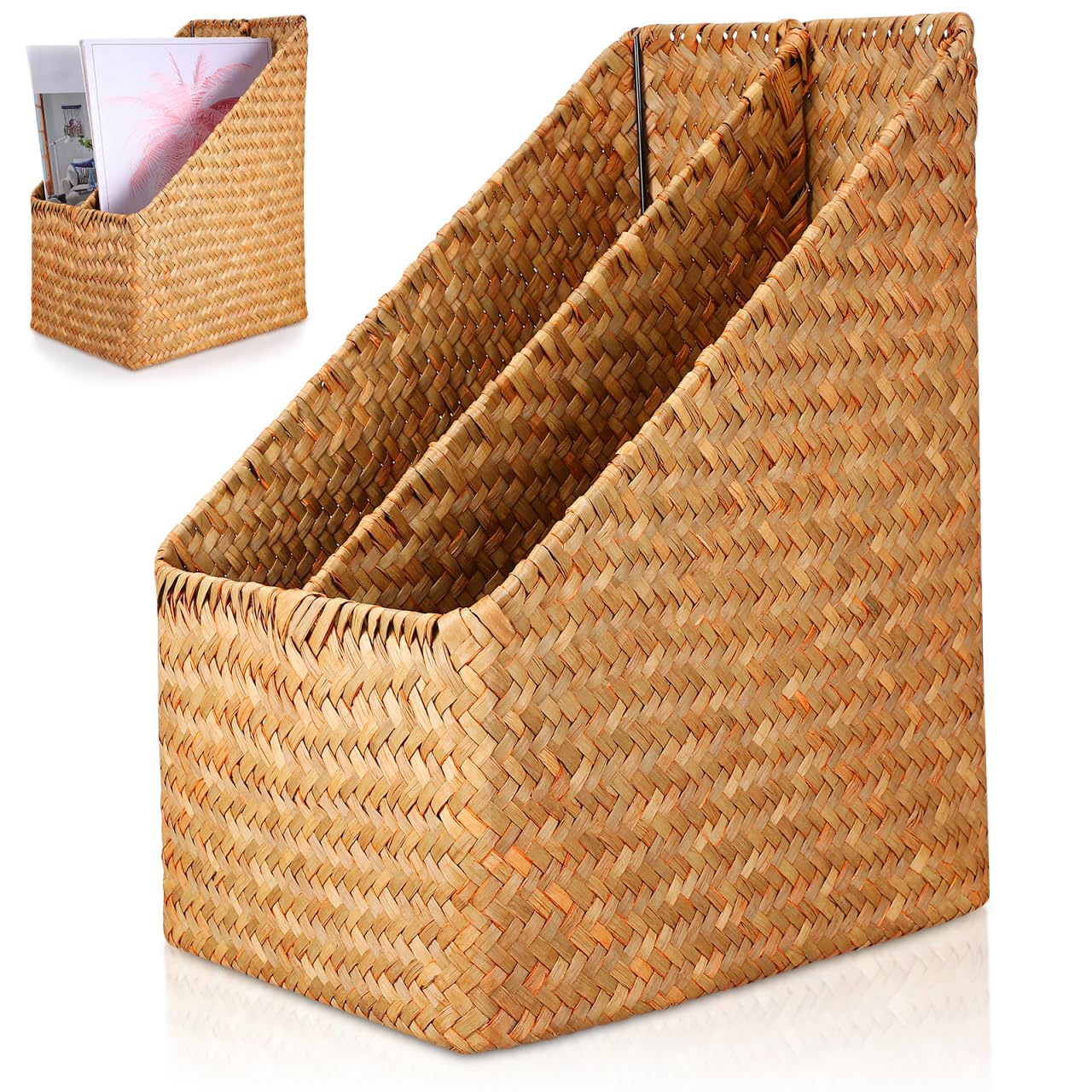 GALPADA Handwoven Straw Document Stand Rack - Thickened Office File Organizer Box for Desk Storage - Natural Wicker Magazine Holder & Folder Basket for Boho Home Office & School