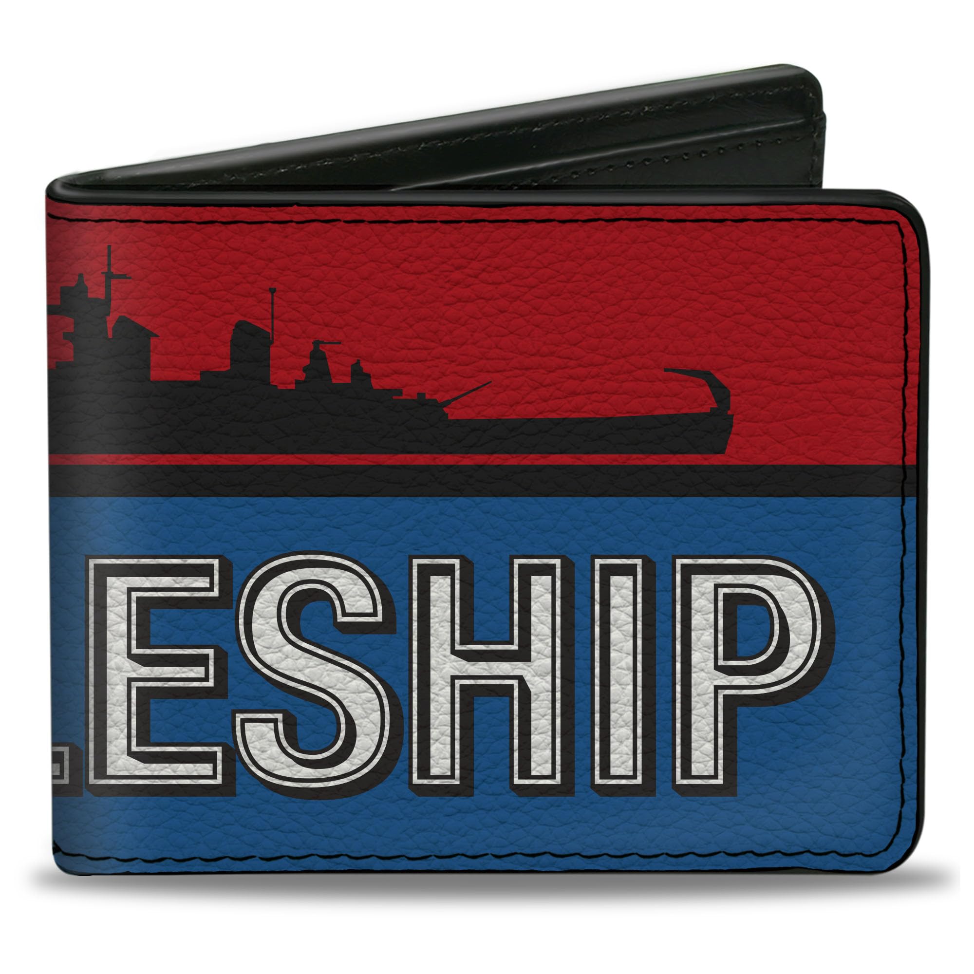 Buckle-Down Hasbro Wallet, Bifold, Battleship Ship Silhouette and Text Red Blue Black White, Vegan Leather