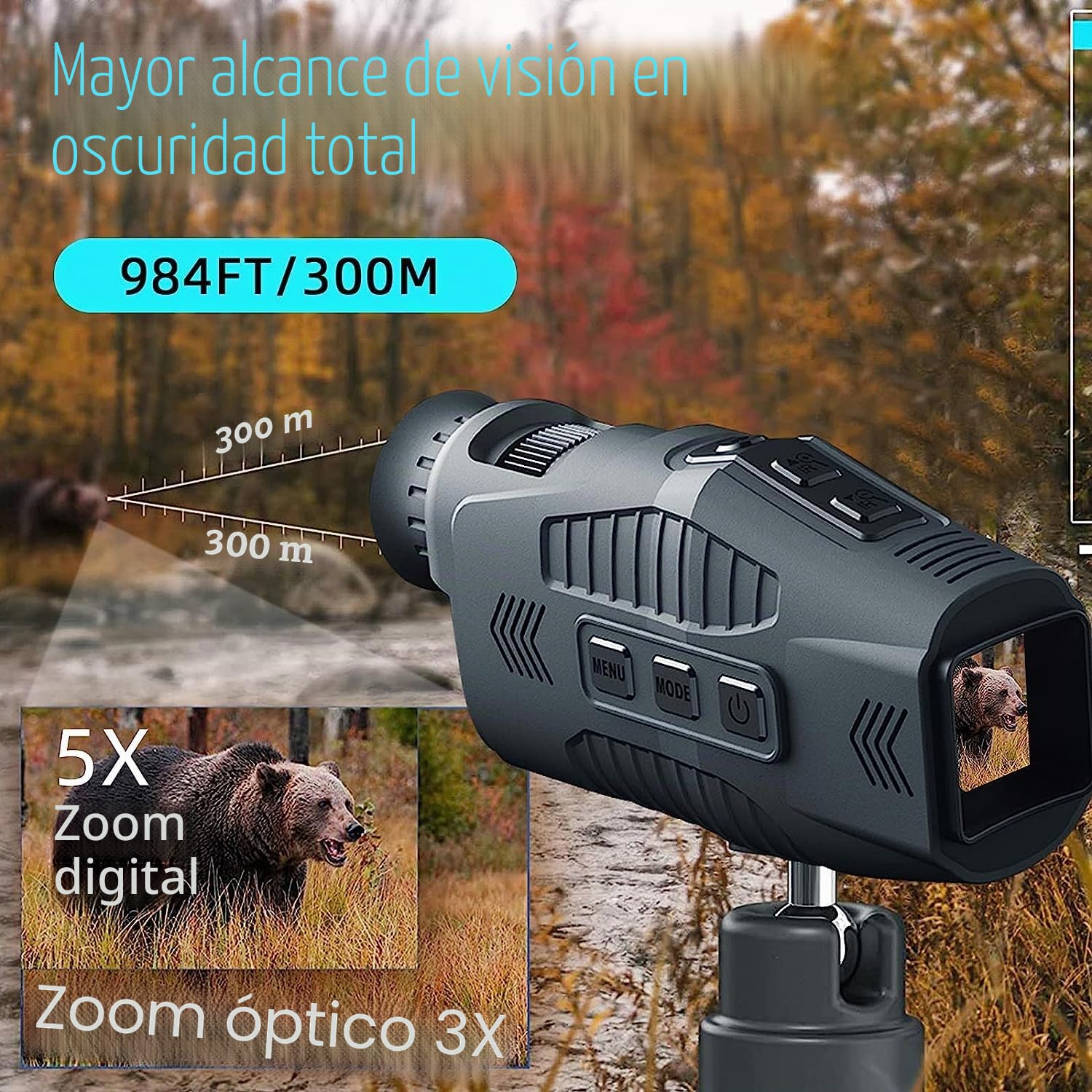 KinZon - Gafas de visión nocturna, monocular digital infrarrojo 1080p, tarjeta SD 64G incluida, zoom digital 5X, distancia de visión 300 m, fotos y vídeos