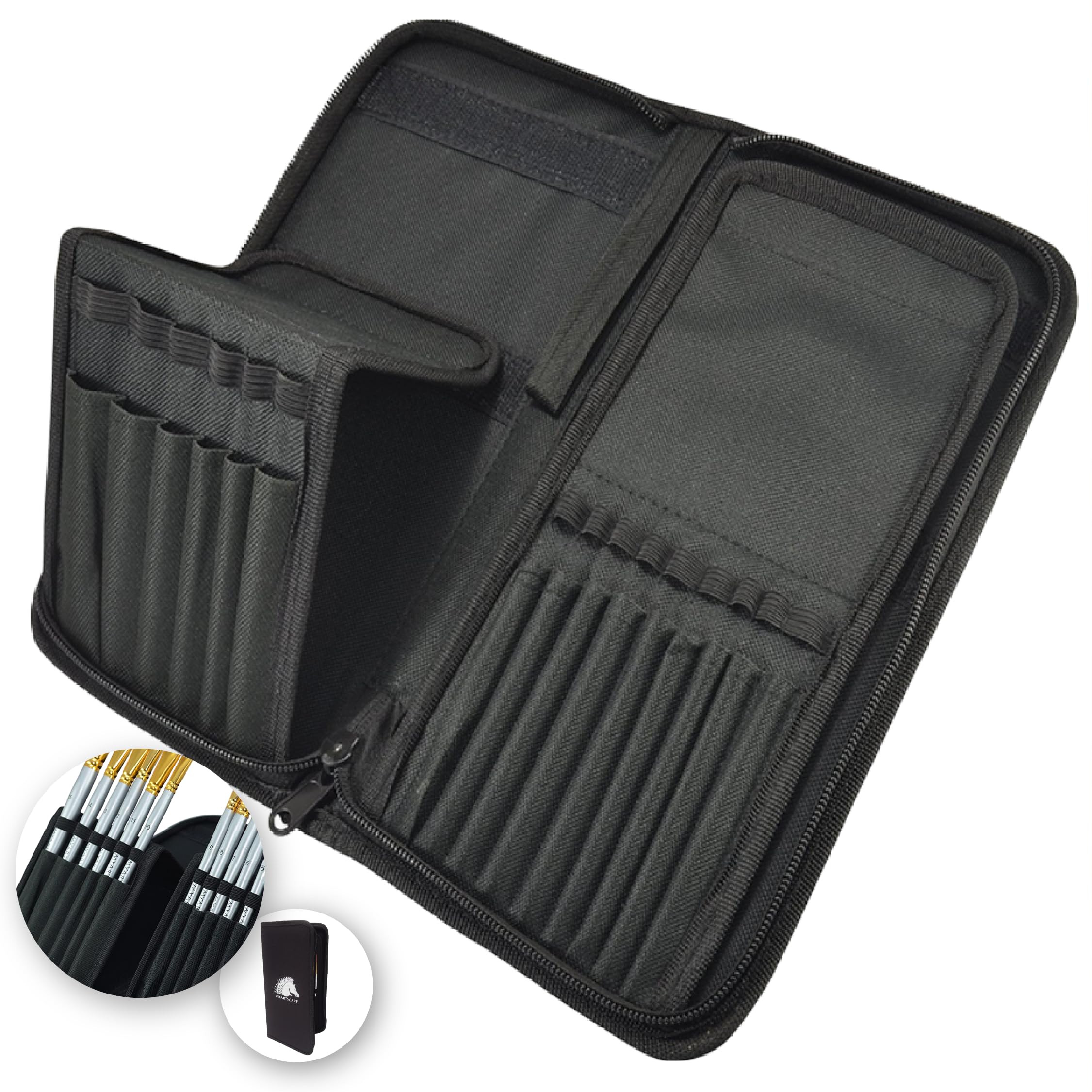 MyArtscape Paint Brush Holder, Black Art Case for 15 Short Handle Brushes - Storage Organizer for Acrylic, Oil & Watercolor Paintbrushes - Premium Arts and Crafts Supplies