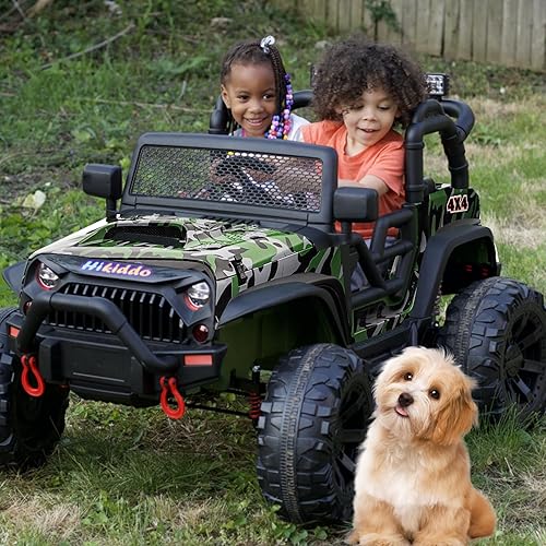 Miniatura 2 de Juguete de paseo de 12 V 4WD para niños grandes, camión de 2 plazas para niños con control remoto, Bluetooth, verde militar