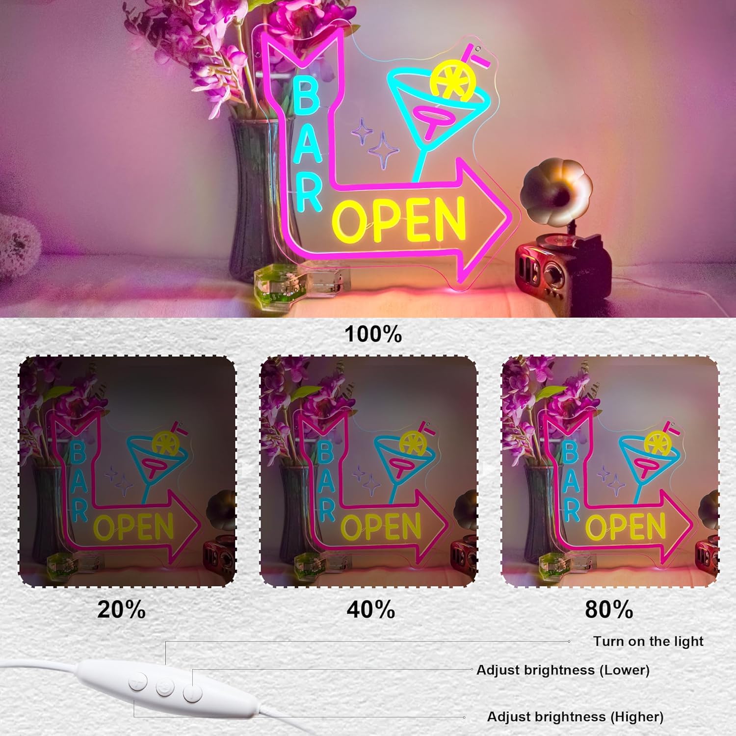 Bar Open Neon Sign for Business,Cocktails Led Pink Neon Lights, Neon Bar Signs for Wall Decor, Arrow USB Light Letter Sign Neon for Gift Store Beer Bar Restaurant Man Cave Hotel Window Cafe Bistro Club Halloween Party - Image 3