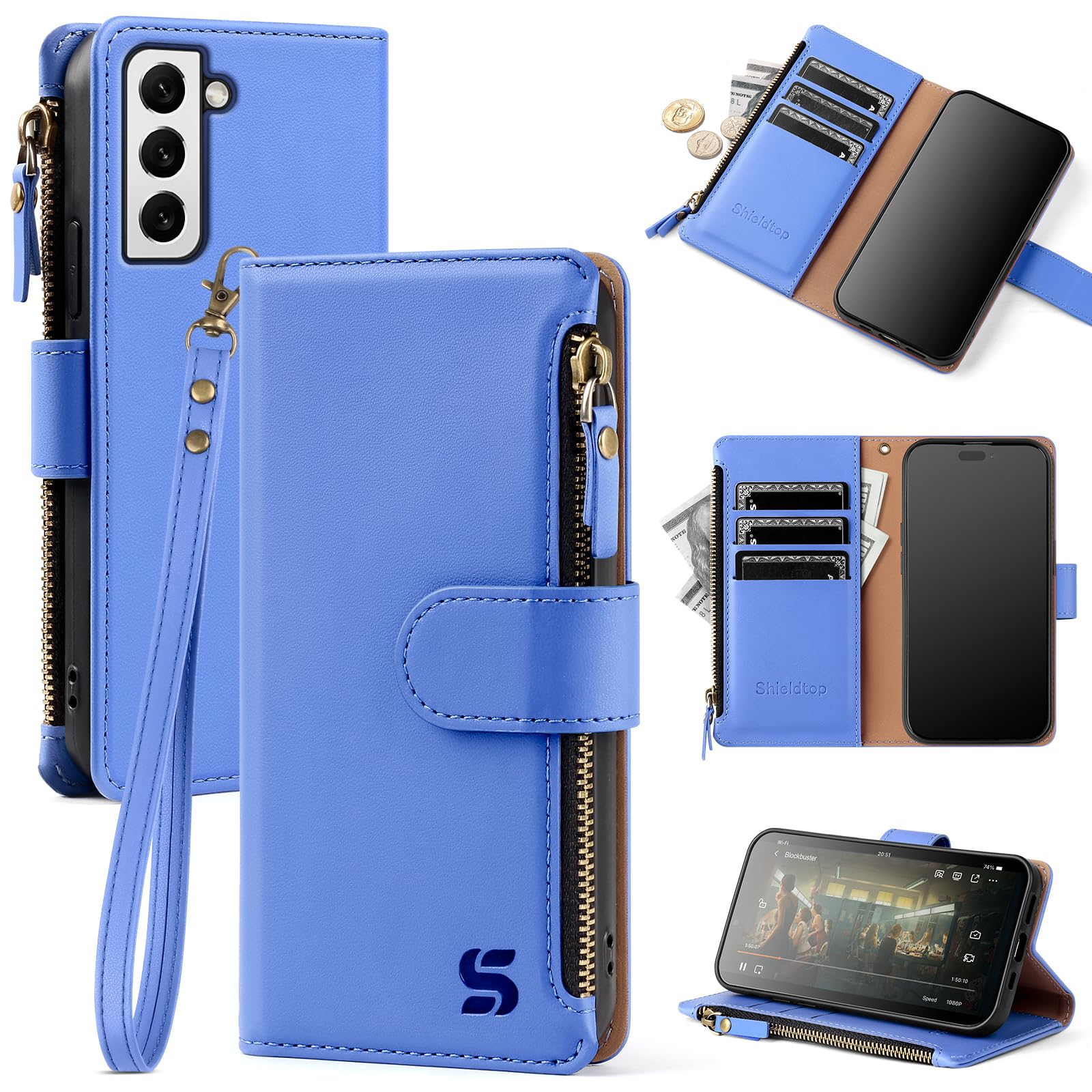 Shieldtop Compatible with Samsung Galaxy S22 Wallet Case with Card Holder,Women Men RFID Blocking PU Leather Flip Cover Wrist Strap Zipper Credit Card