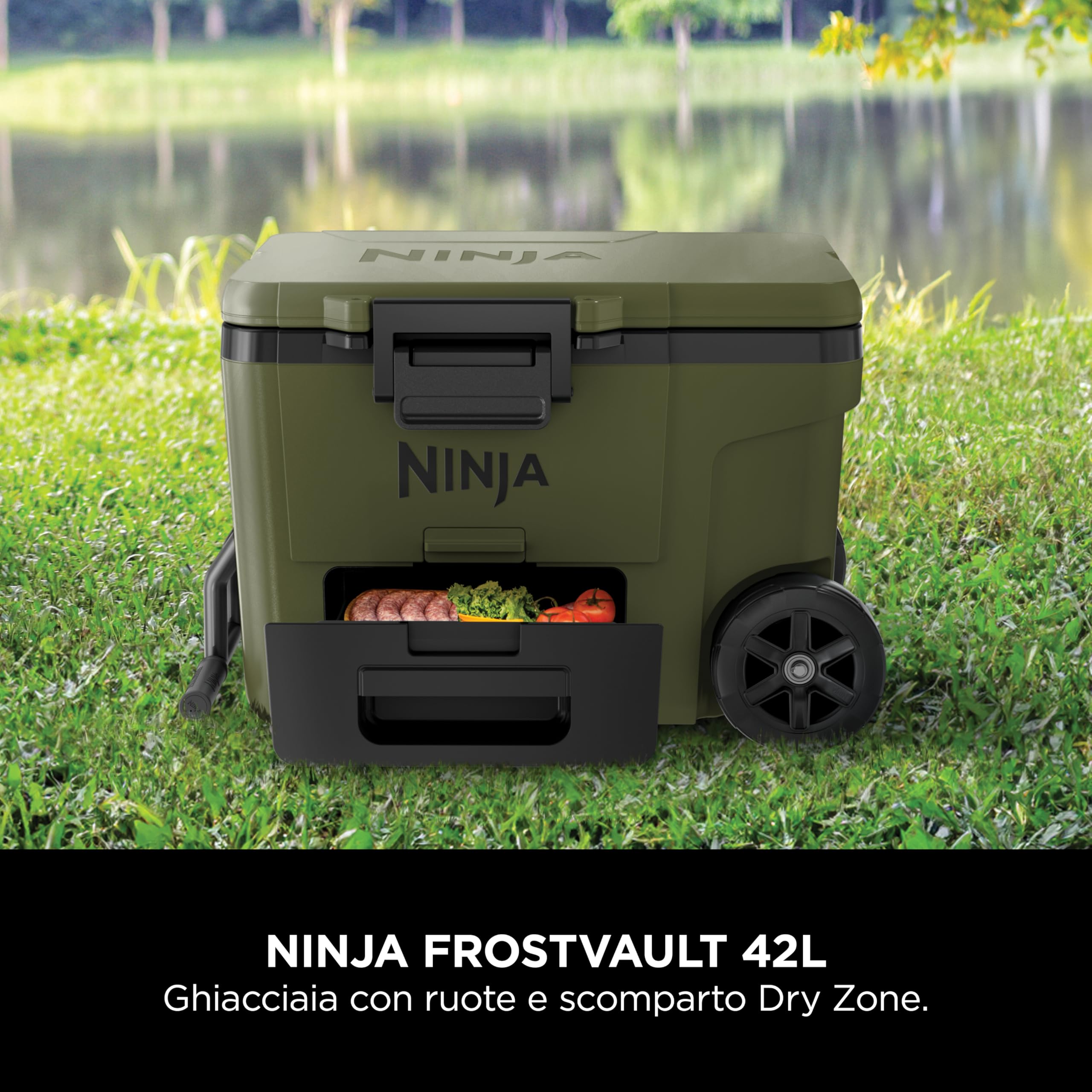 Ninja FrostVault, Ghiacciaia portatile isolante robusta, Verde | con borraccia Ninja Thirsti e mattonella refrigerante grande, con ruote e scomparto frigo integrato, FB245AMZEUUKGN