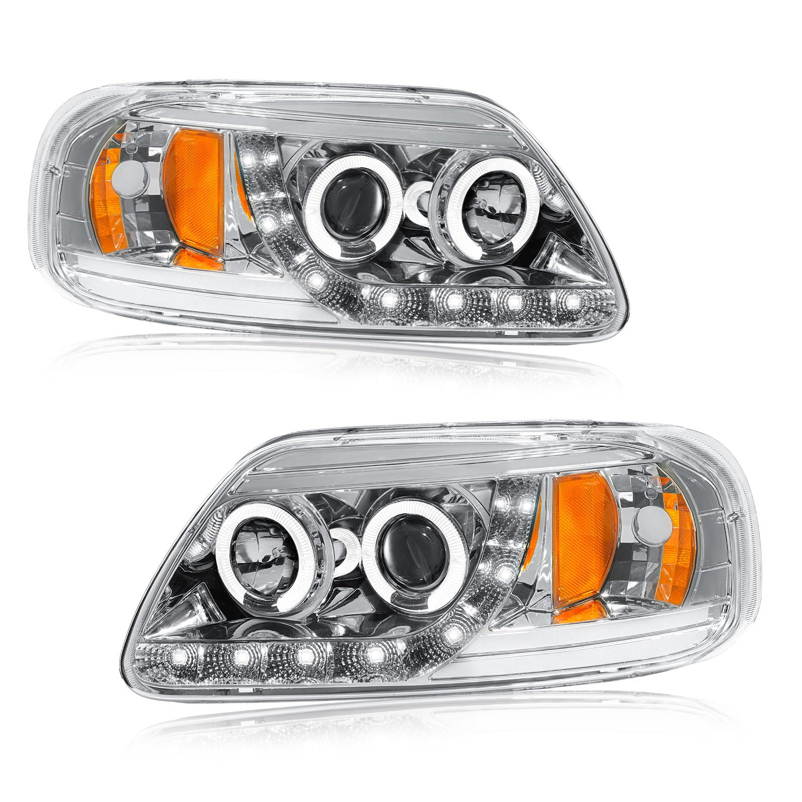 LED Headlights Compatible with 1997-2004 Ford F150 / 1997-1999 F250 / 1997-2002 Expedition Replacements Headlamp Amber Reflector Chrome Housing