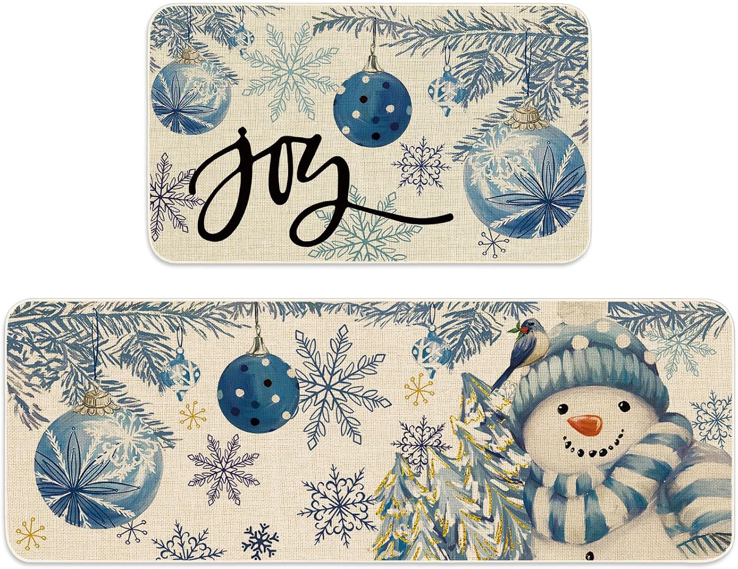 JarThenaAMCS Winter Christmas Kitchen Mats Blue Snowman Xmas Ball Snowflake Welcome Floor Mat Non-Slip Door Rugs for Indoor Outdoor Bathroom, 17 x 29 Inch & 17 x 47 Inch