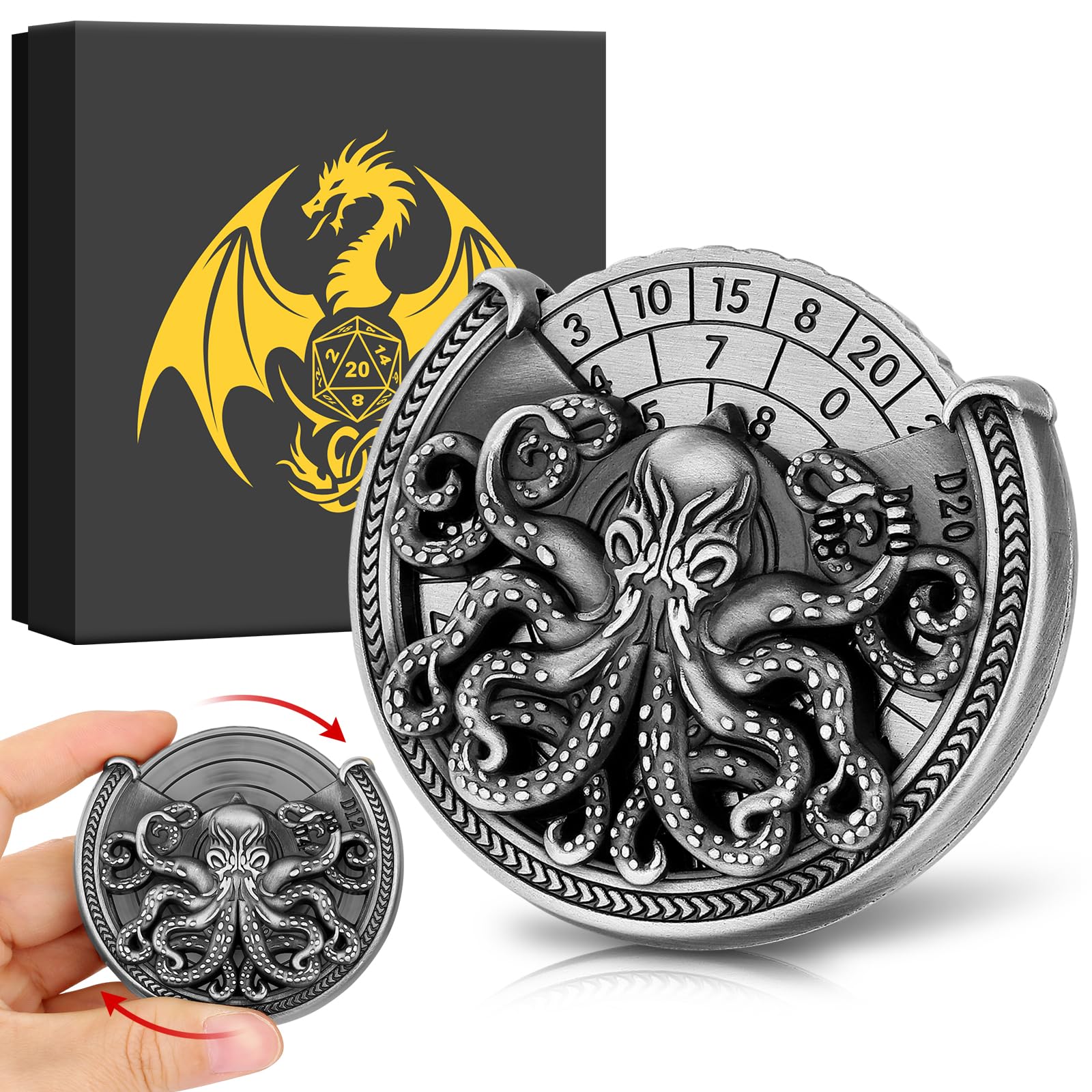 BYRRSF Octopus DND Dice Spinner - 7-in-1 Metal D&D Roulette Spinner with Gift Box for Role Playing Board Game Accessories, Silver