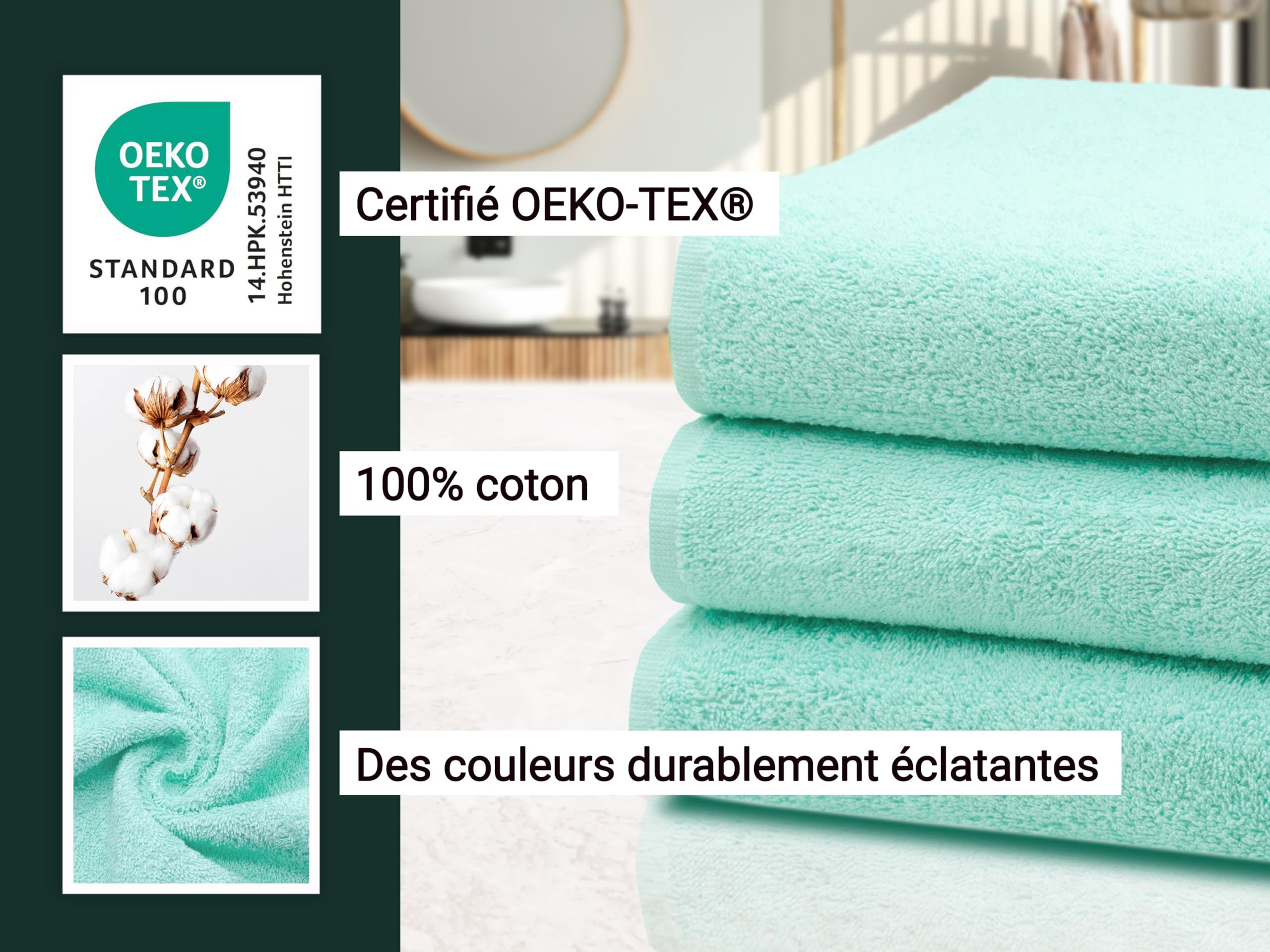 ZOLLNER Set de 3 linges de Douche en 70x140 cm - Serviettes de Bain très absorbantes et Douces en Menthe - avec accroche Pratique - Lavable à 95°C - Coton - qualité hôtelière