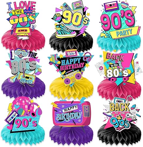 9 centros de mesa de panal de los años 80 y 90, decoraciones de fiesta de cumpleaños con temática retro, decoración de mesa, regalos para niños,