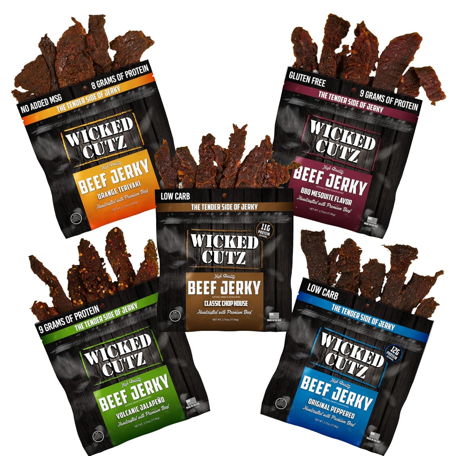 Wicked Cutz Beef Jerky Variety Pack | 5 Flavors Up to 36g Protein Per Bag | Tender, Easy to Chew, USA Made, High Protein Carnivore Snacks | Unique Gifts for Men (5 Bags)