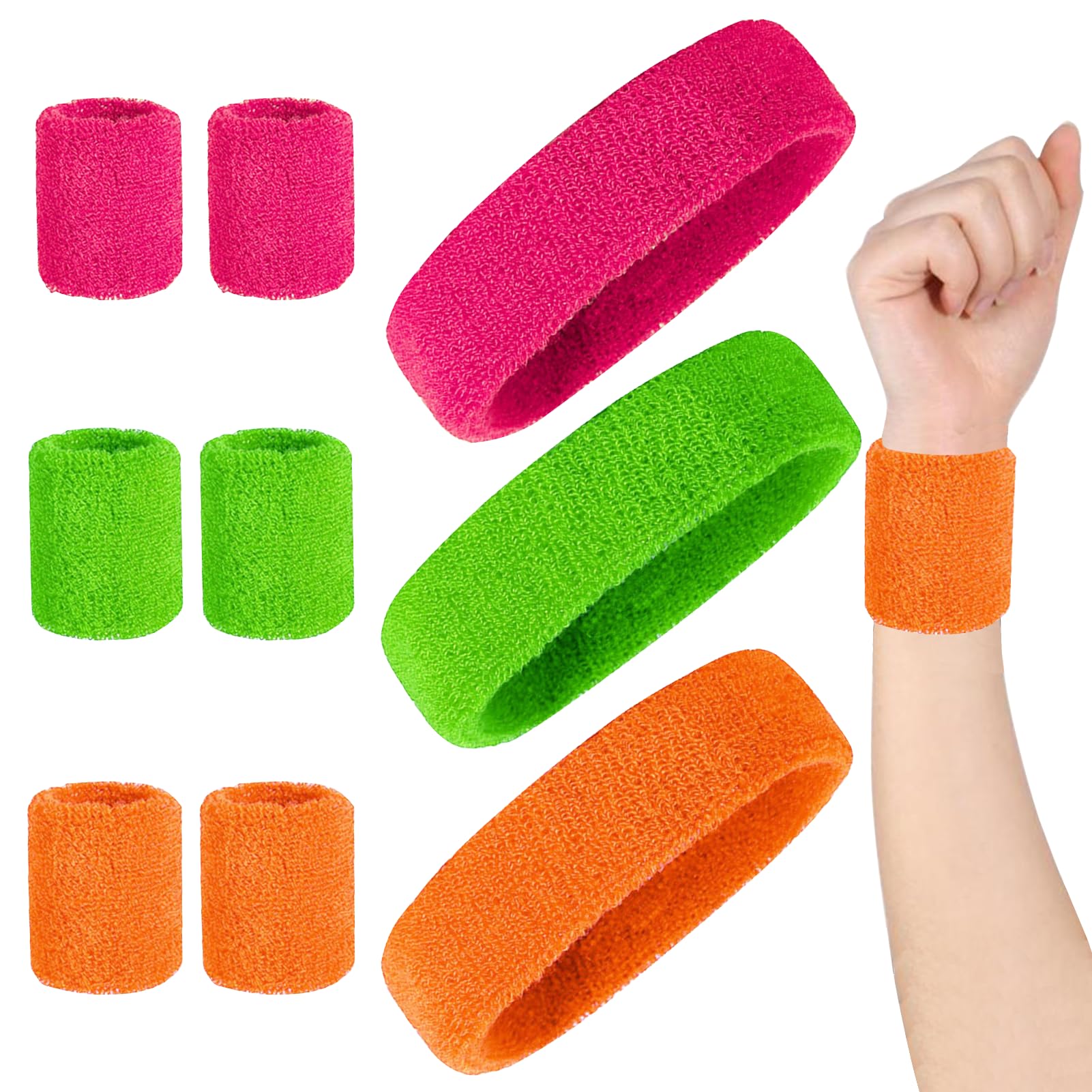 Juego de 9 diademas deportivas fluorescentes de los años 80 con pulsera, 3 colores neón, vintage para niños, algodón, absorbente, deporte, correr, mujer, naranja neón
