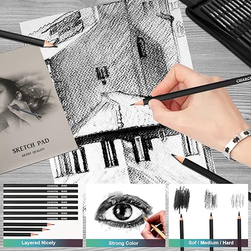 Miniatura 5 de Art Supplies - Juego de 73 lápices de dibujo y bocetos juego de lápices de arte juego de lápices de colores incluye lápices de carbón borrador