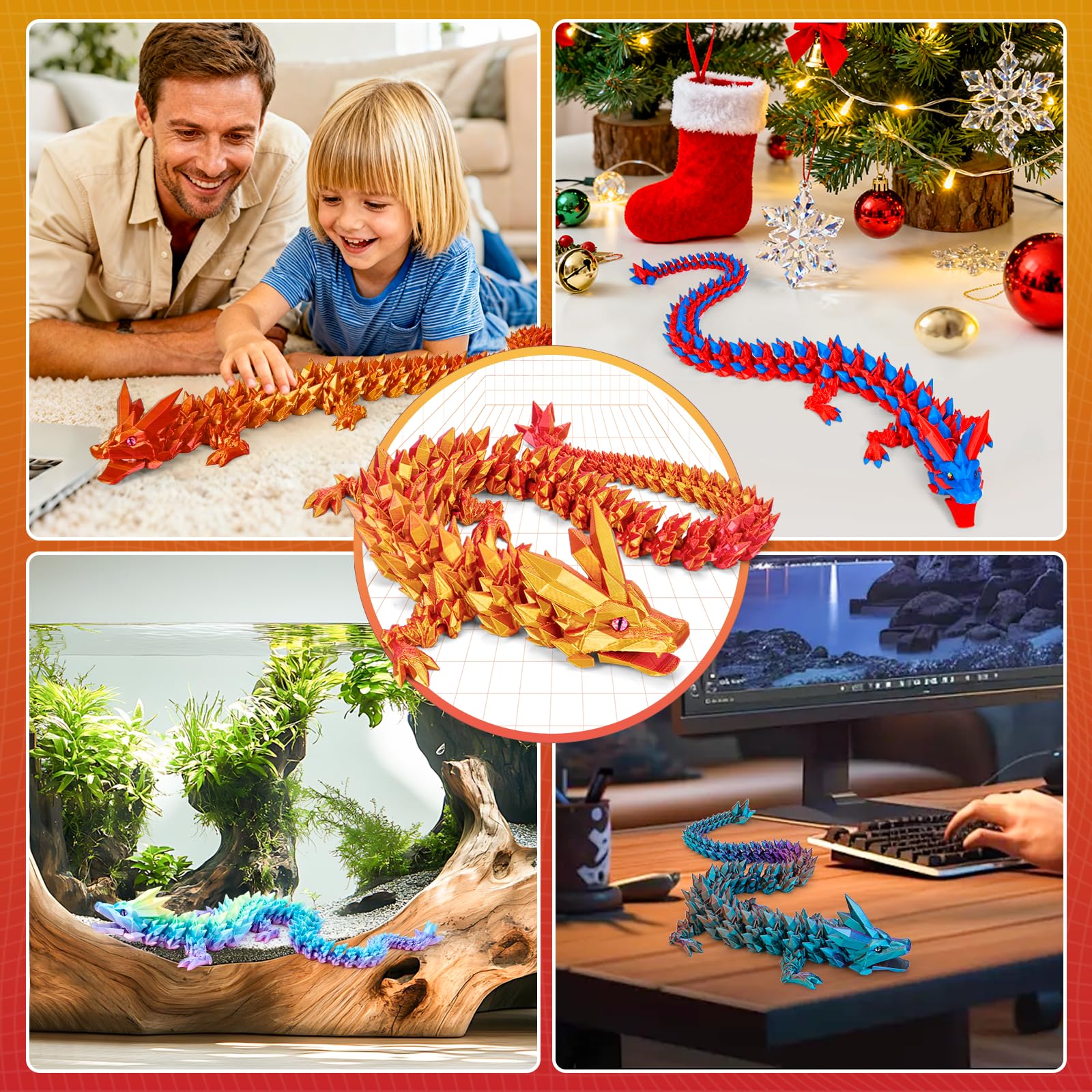 3D Printed Dragon Toys with Eyes, Bendable and Flexible Big Fidget, 24 inches Dazzling Gradient Crystal Wyrm, Articulated Gem Serpent Figure for Home Decor (Mystical Red-Gold Dragon) - Image 4