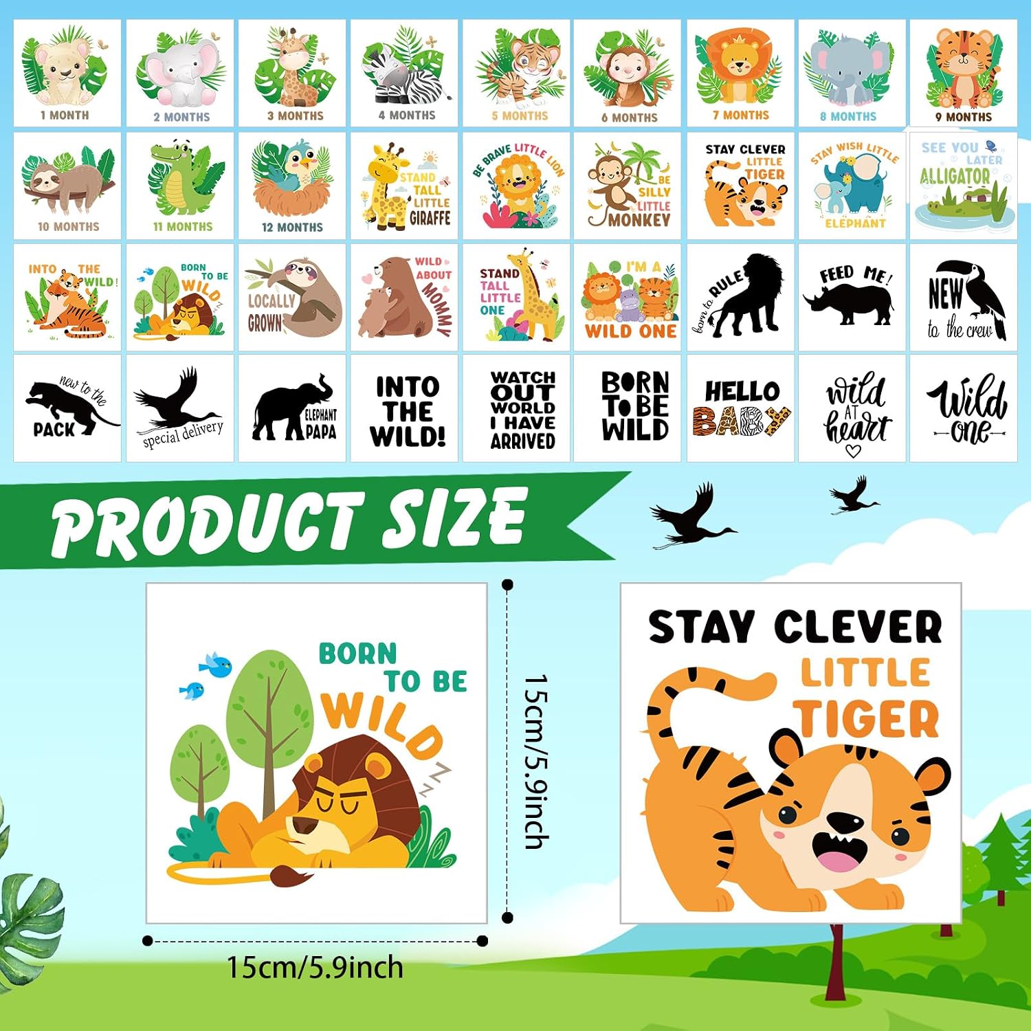 Teling 36 Pcs Iron on Decals Baby Shower Games Iron on Transfers Stickers Patches Baby Bodysuit Making Bibs Decorating Kit Patch Maker for Gender Reveal T Shirt(Safari Animal)