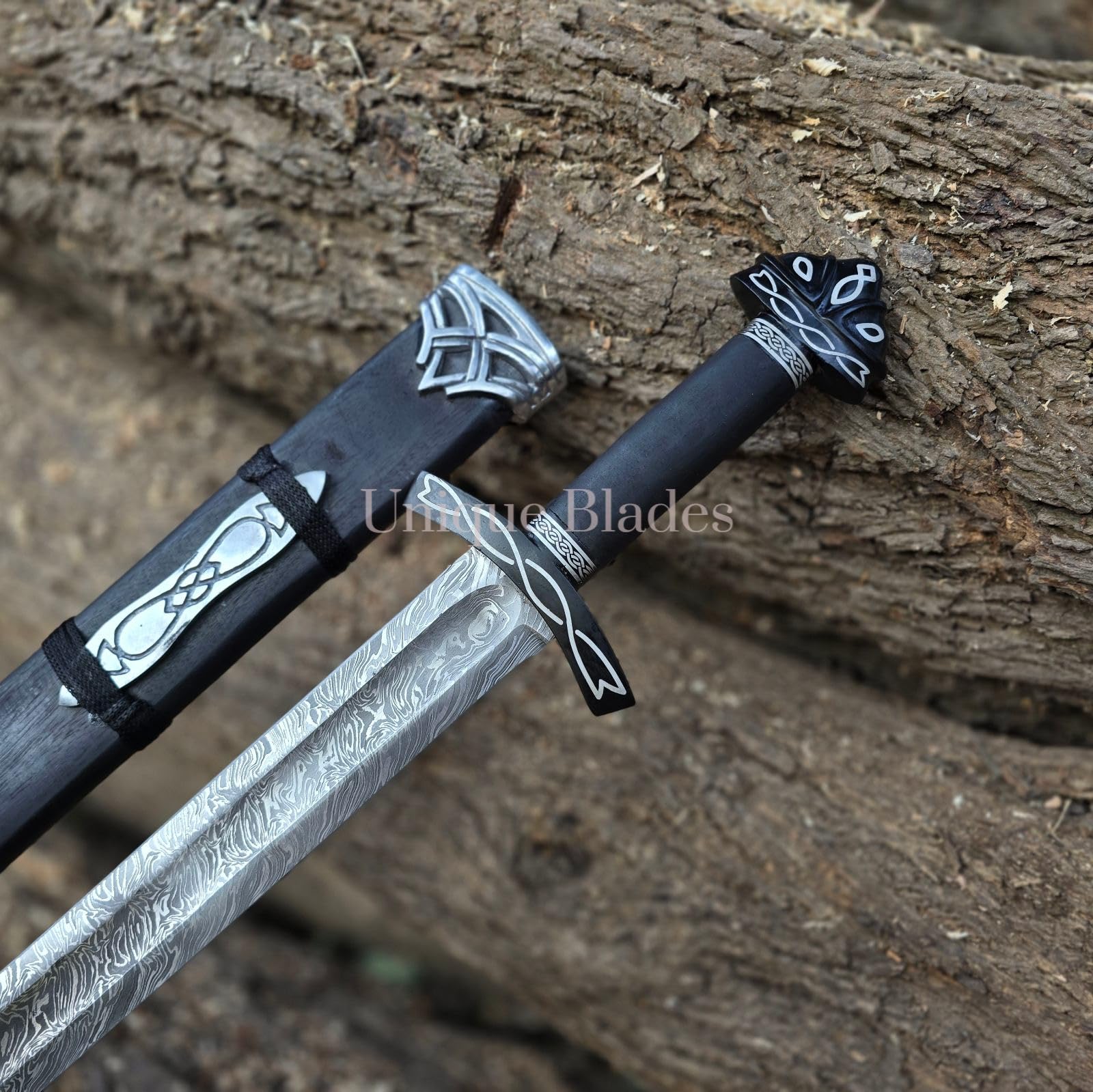 Northman Schwert 1095 Damaszener Stahl Vollgriff Mit Scheide 96,5 cm, Viking Northman's, Kampfbereit Mittelalterlich Schwarz