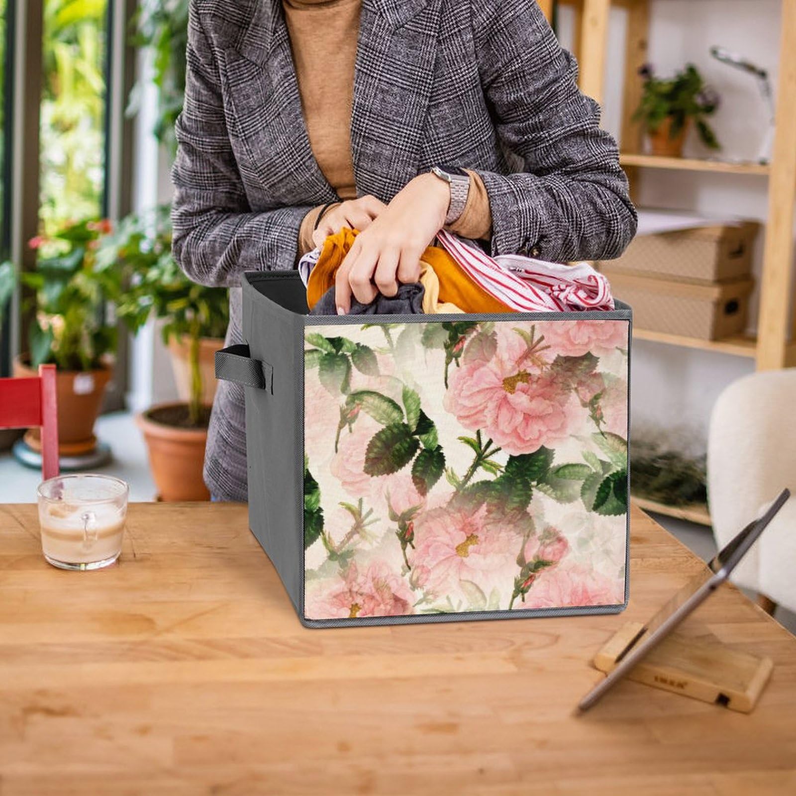 Grand Panier À Linge Pliable Avec Poignées Motif Floral Rose 32 X 27,9