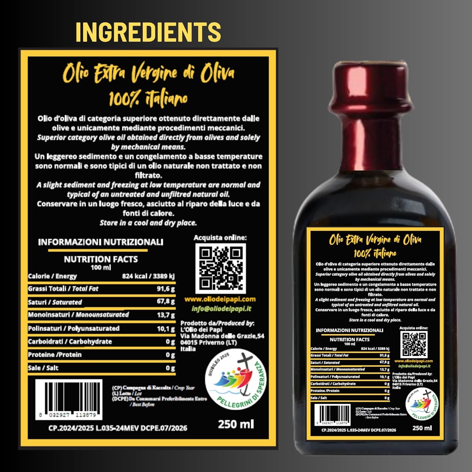 L'Olio dei Papi 250 ml (8.5 fl.oz) - Gift Box - Italian Extra Virgin Olive Oil - Polyphenol and Oleocanthal Rich - New York 2025 IOOC GOLDEN AWARD PRIZED Produced from the centuries-old olive groves of the ancient lands of the Popes cold extracted- Kosher & Halal - Quick Ship from US inventory!
