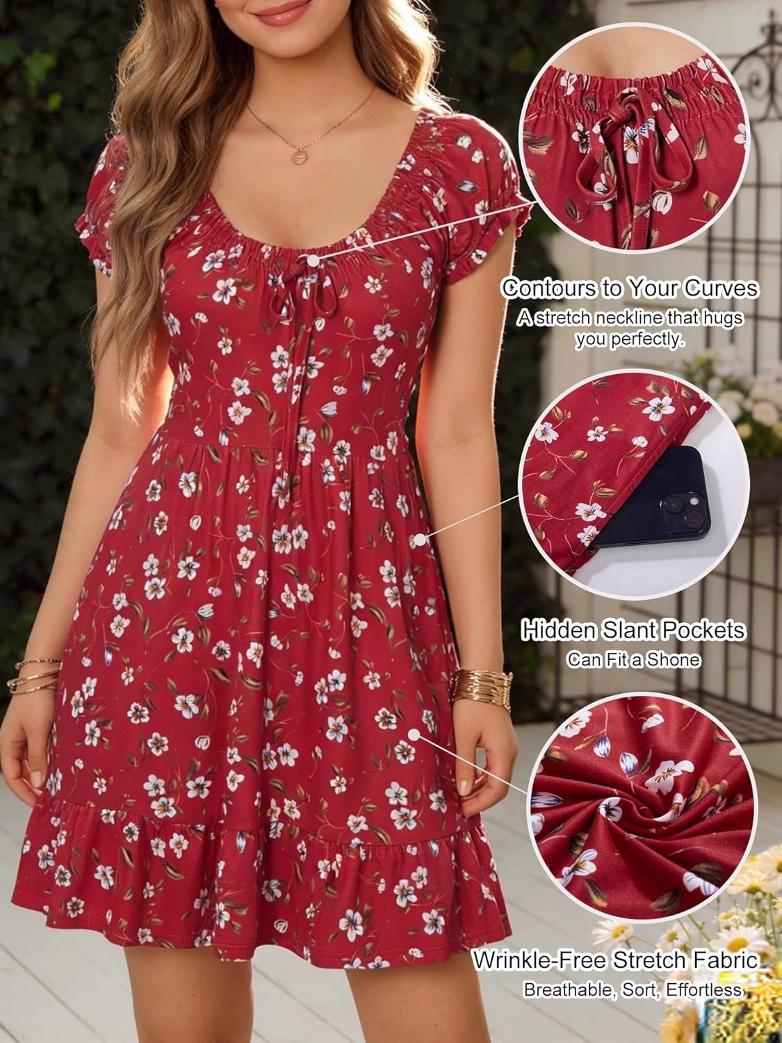 HUHOT Teen Petite Women Floral Short Summer Mini Dresses with Pockets Cute Milkmaid Sundress 2026 - Image 4