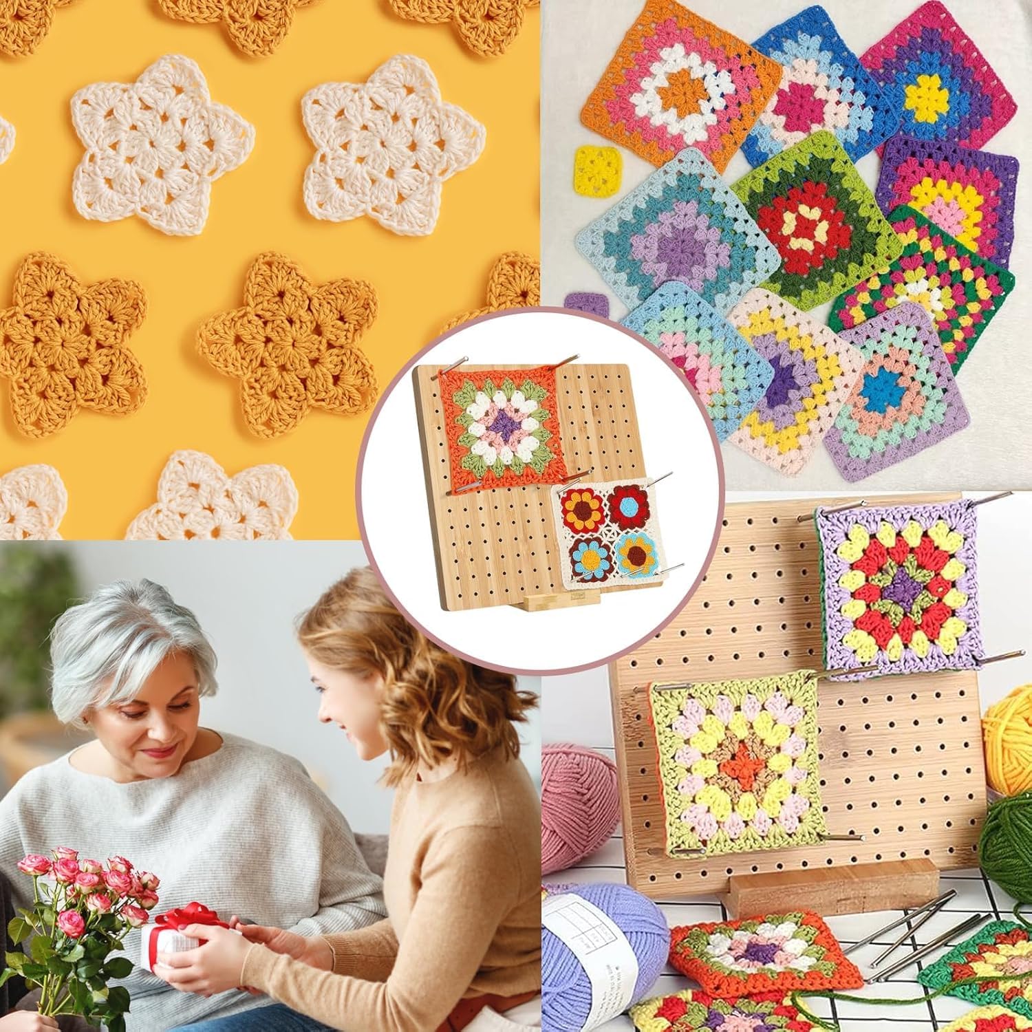 ZPPLD 11.8inch Grand Planche Crochet,Planche Bloc Crochet Granny Square 30x30cm,Kit de Blocage Crochet Bois,Ensemble de 72 pièces Pour Débutants,Planche de Blocage 20 broches