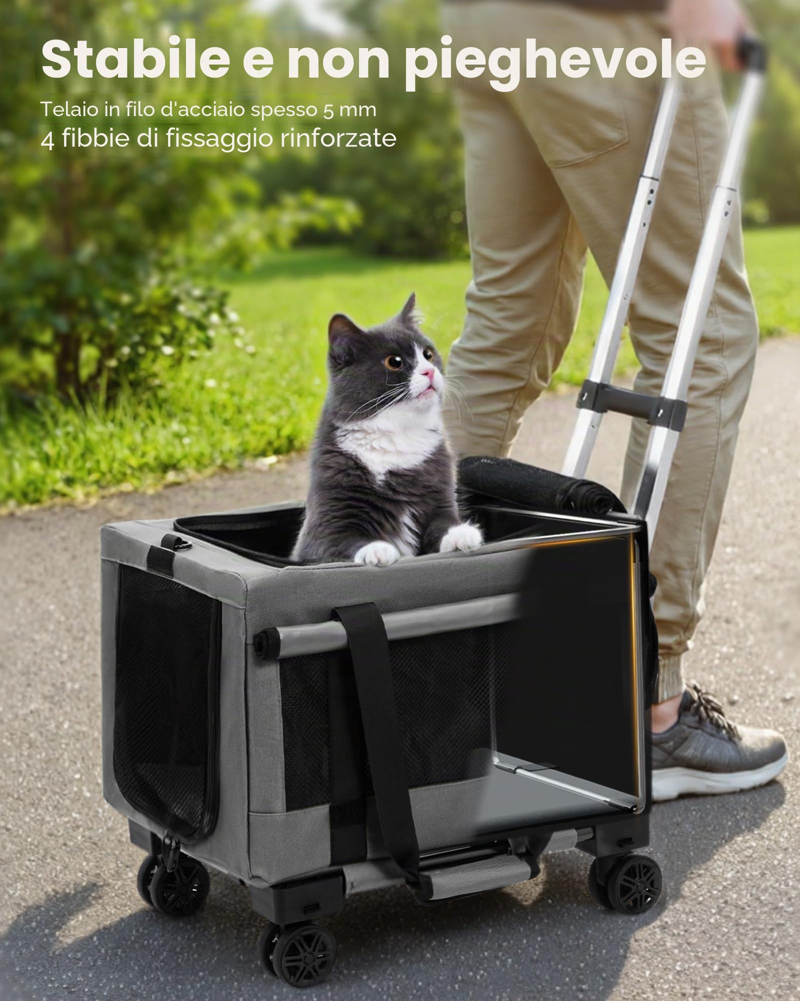 Pecute Trasportino Per Gatti Con Ruote, Trasportino Per Gatti e Cani Con Struttura In Filo D'Acciaio, Trasportino Stabile Per Cani, Borsa Per Animali Domestici E Passeggino, Grigio