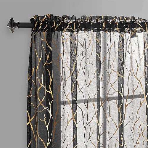 FINECITY Cortinas traslúcidas, diseño botánico de ramas de árbol de aluminio negro y dorado, 52 x 84 pulgadas, juego de 2